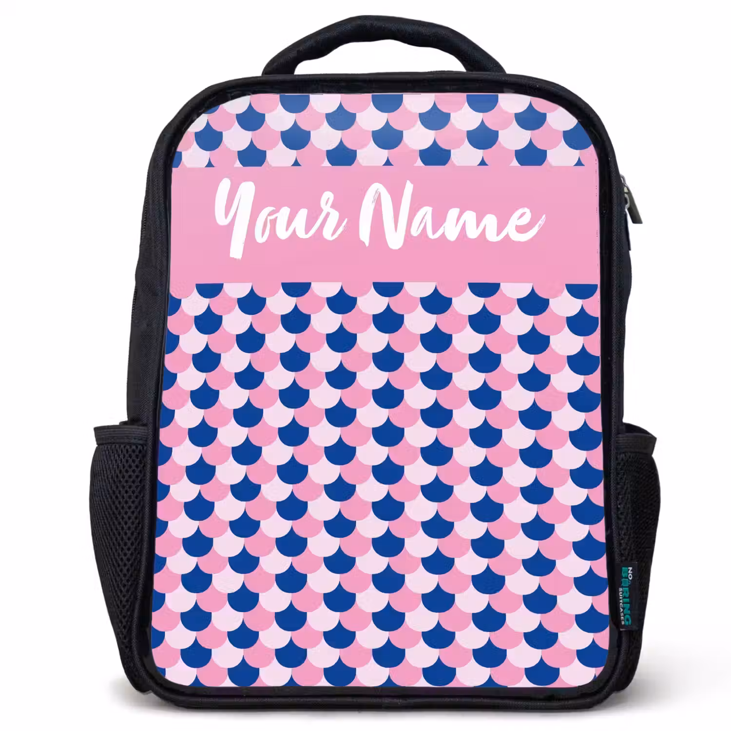 Schubben - Patroon - Blauw - Roze Rugzak - Zwart middel -3d