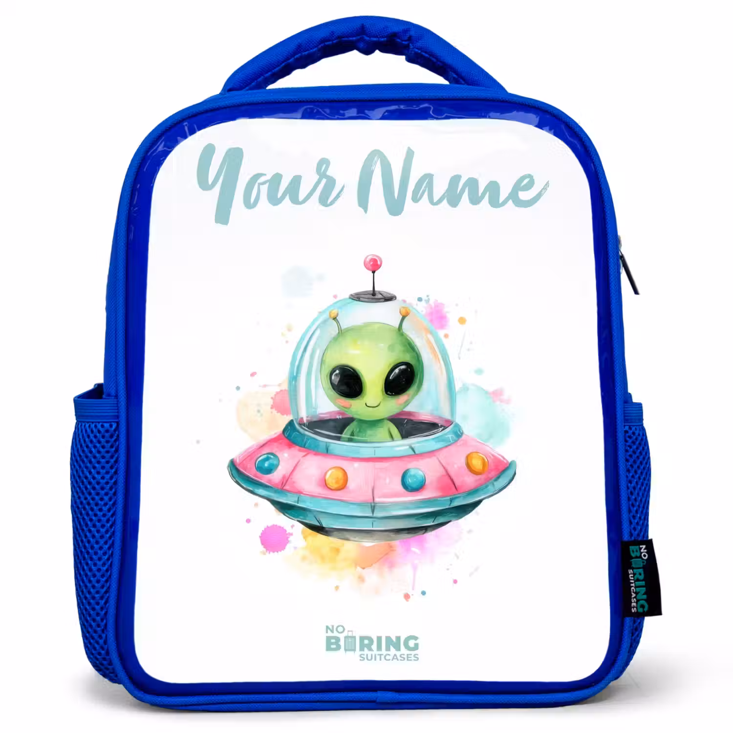 Groene alien in kleurrijke UFO Kinderrugzak - Blauw middel -3d