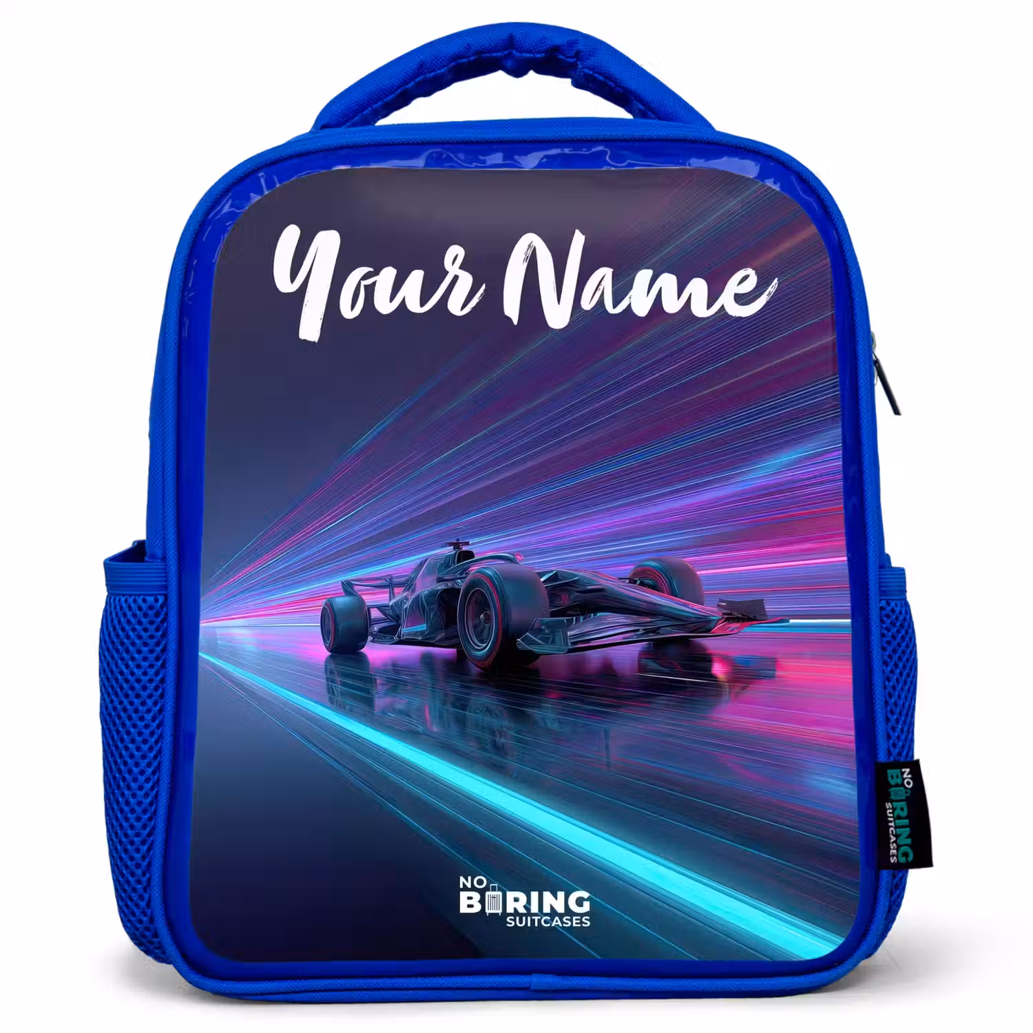 Lichtstralen - Neon - Racewagen - Paars Kinderrugzak - Blauw middel -3d