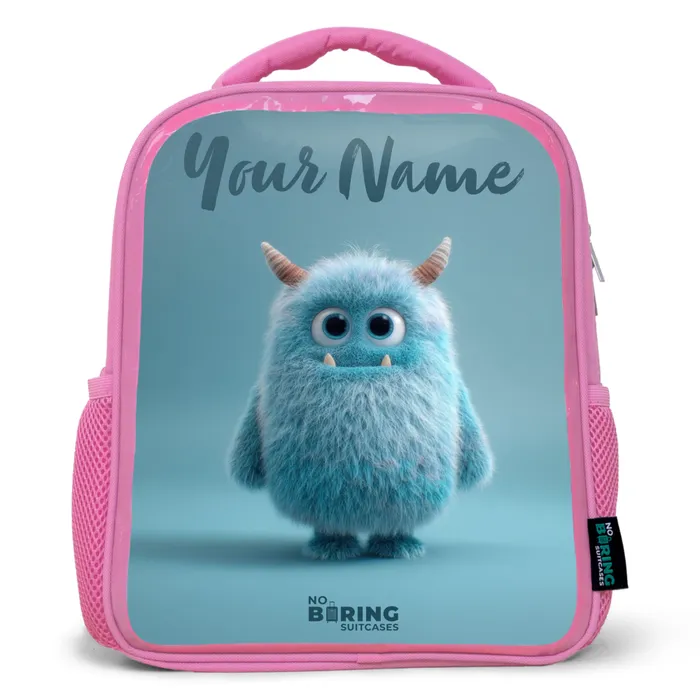 Blauw pluizig monster met hoorns Kinderrugzak - Roze middel -3d