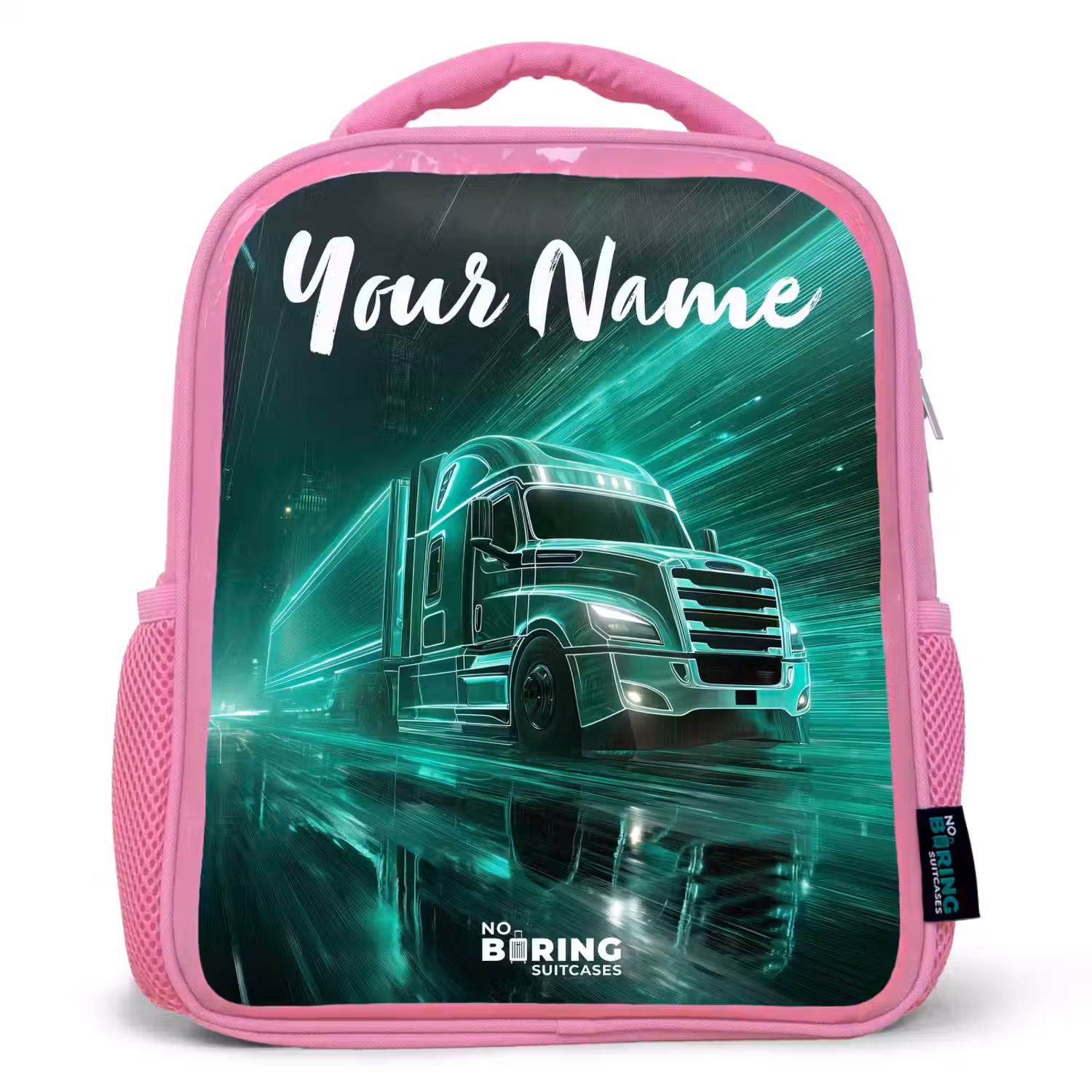 Vrachtwagen - Stad - Groen - Neon Kinderrugzak - Roze middel -3d