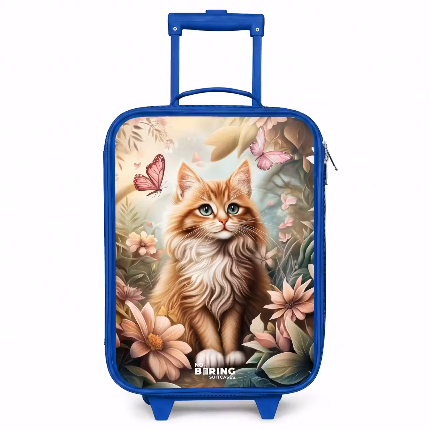 Kat in bloemenveld met roze vlinders. Kinderkoffer - Blauw klein -3d