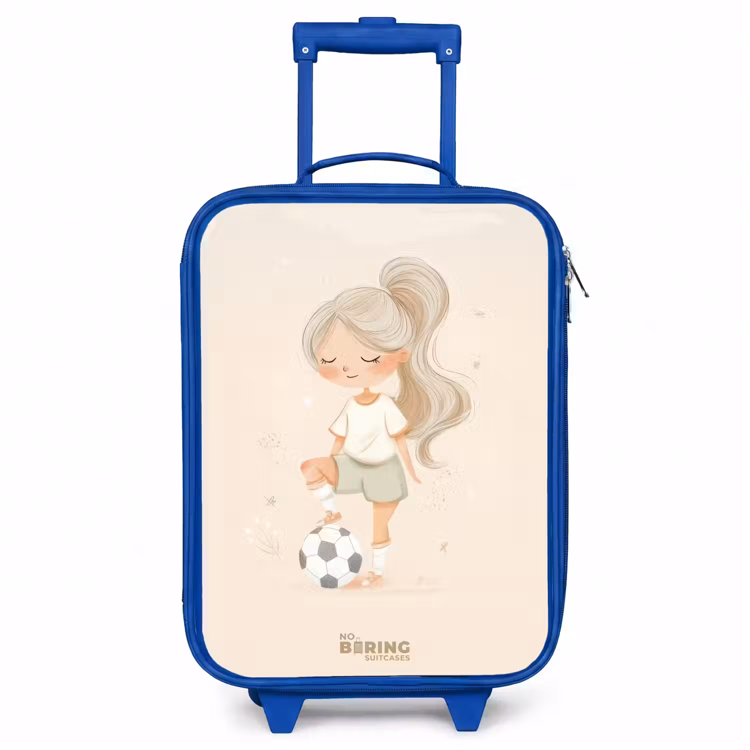 Meisje met een voetbal in beige kleuren Kinderkoffer - Blauw klein -3d