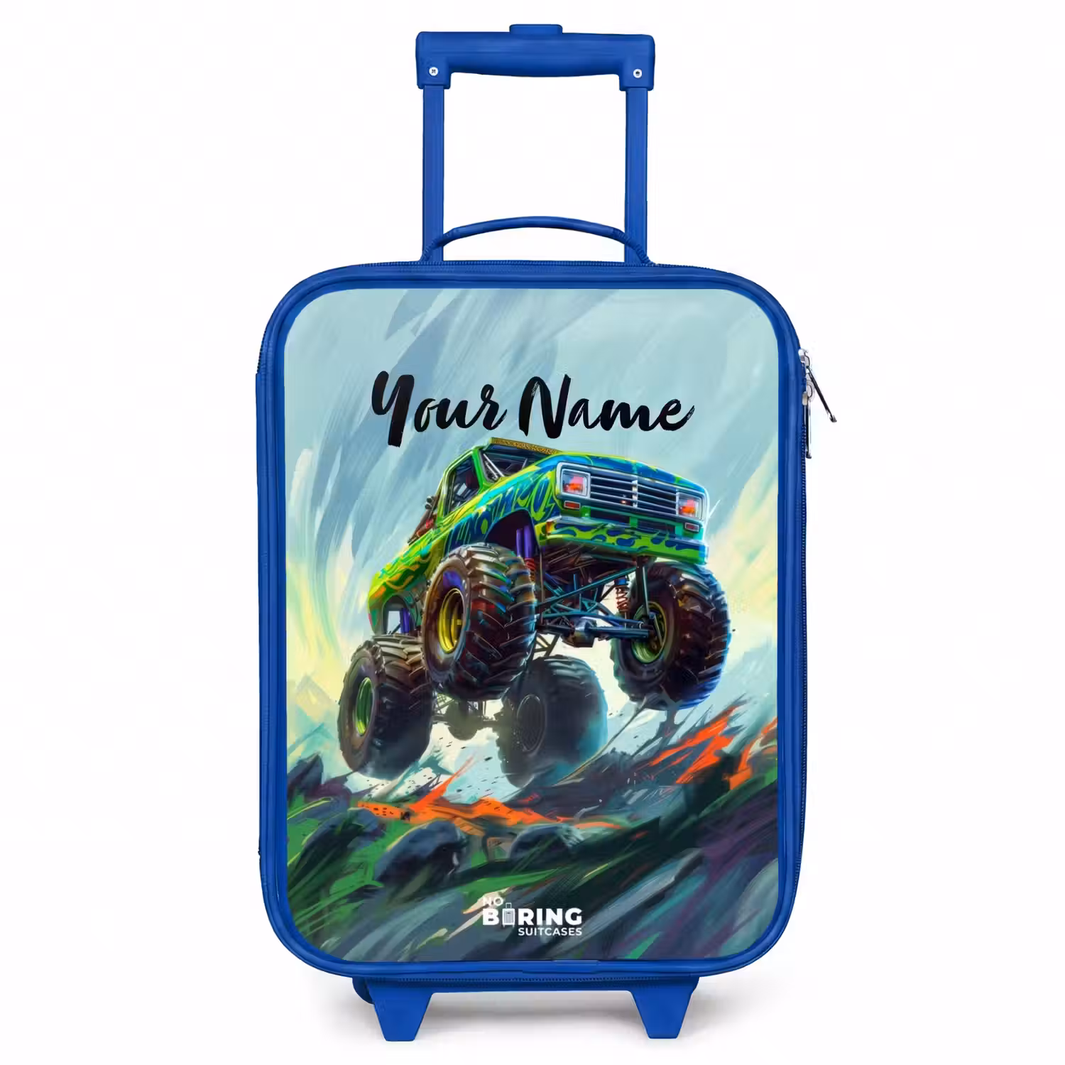Groene Monstertruck met Penseelstreken Kinderkoffer - Blauw klein -3d