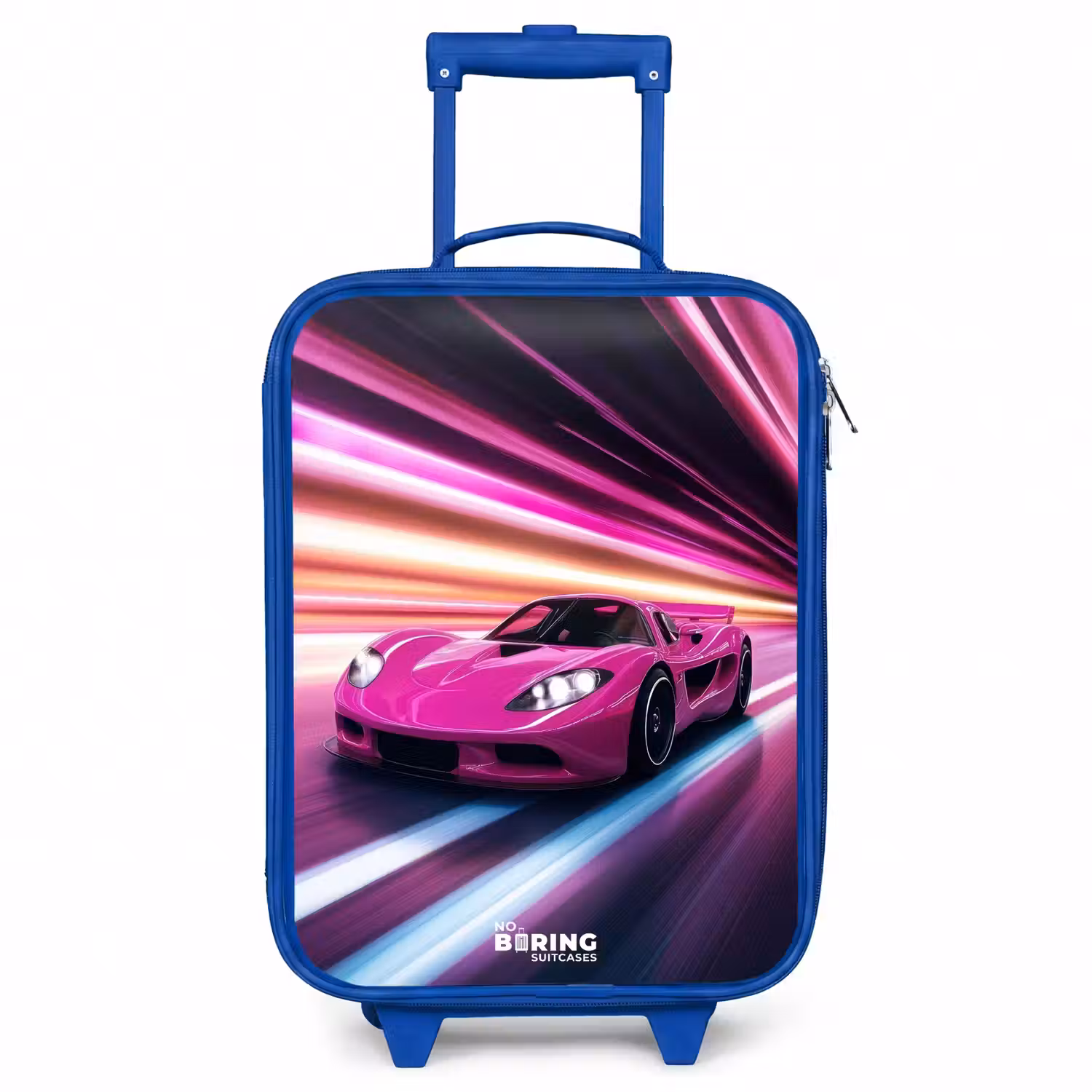 Roze raceauto flitst door neonlicht Kinderkoffer - Blauw klein -3d