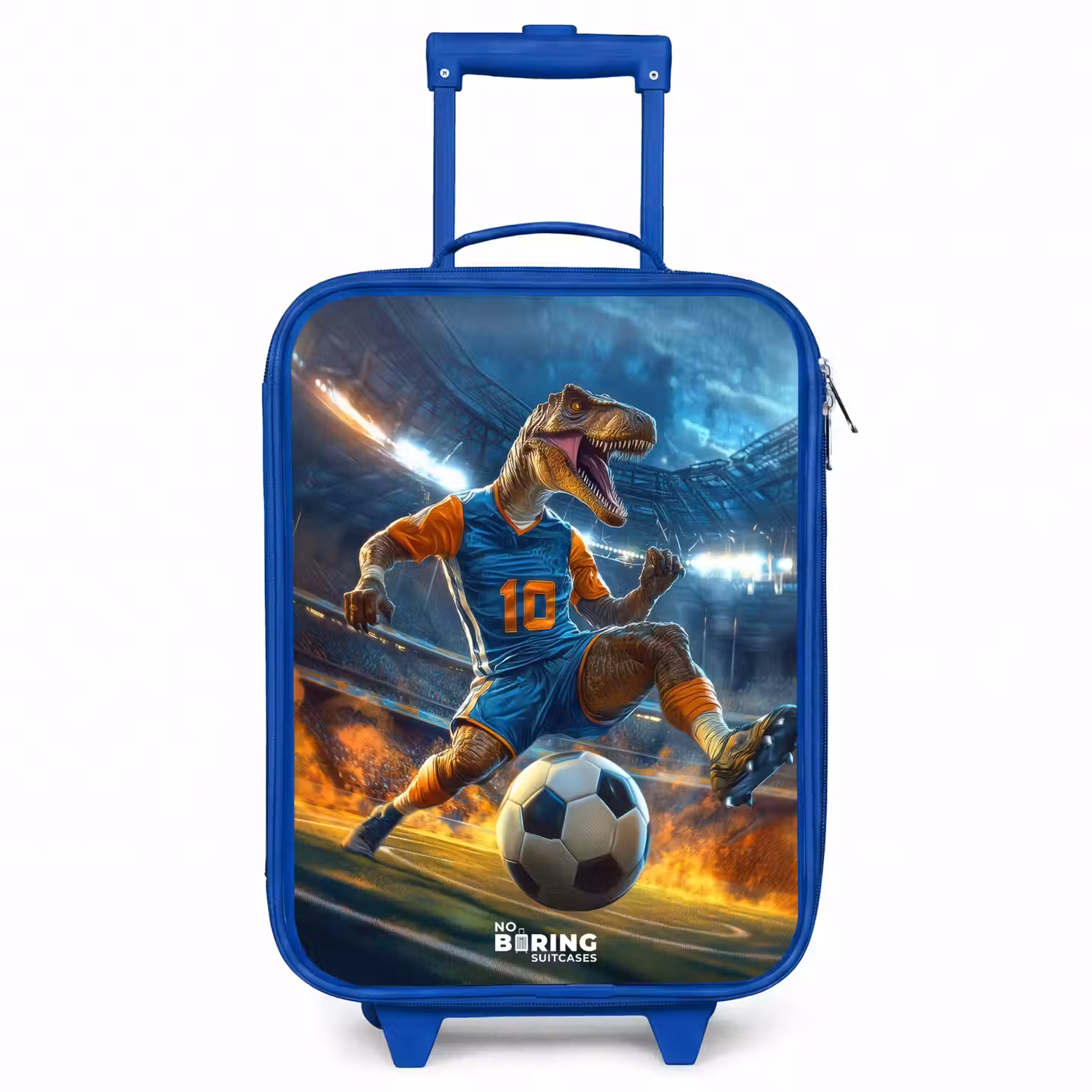 T-Rex als voetballer in vol stadion Kinderkoffer - Blauw klein -3d