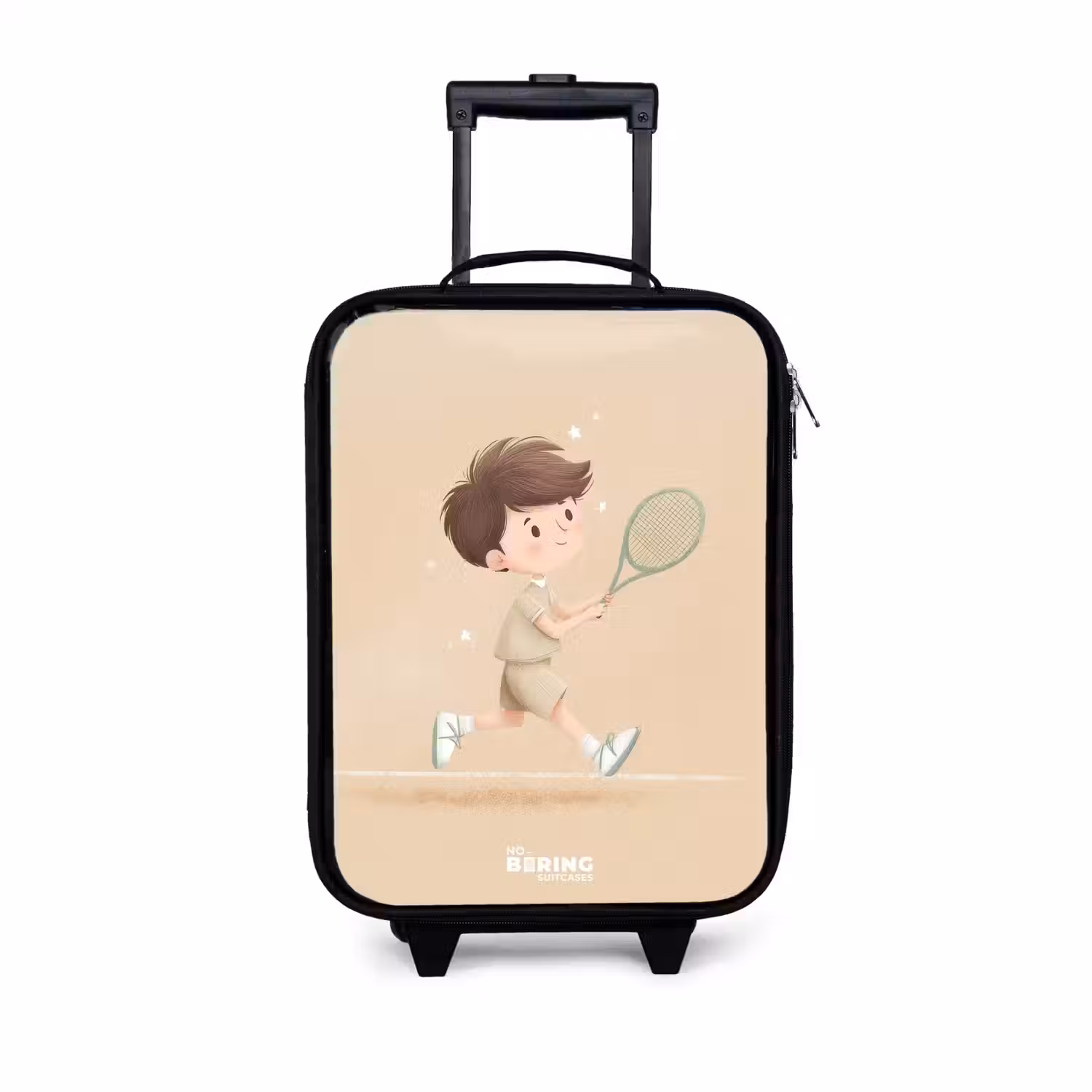 Jongen speelt tennis op zandkleurige achtergrond Kinderkoffer - Zwart klein -3d