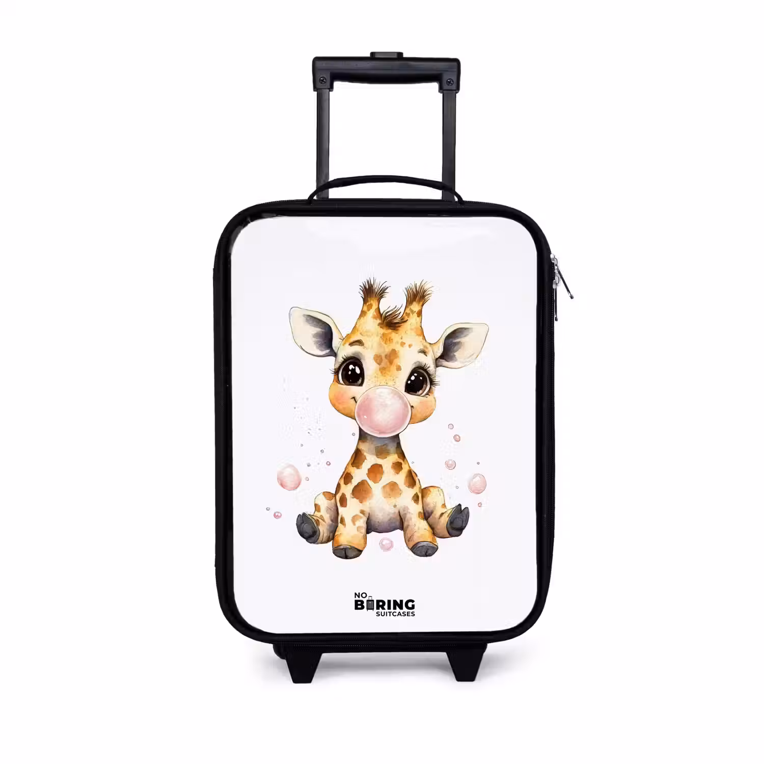Giraffe met roze kauwgombal Kinderkoffer - Zwart klein -3d