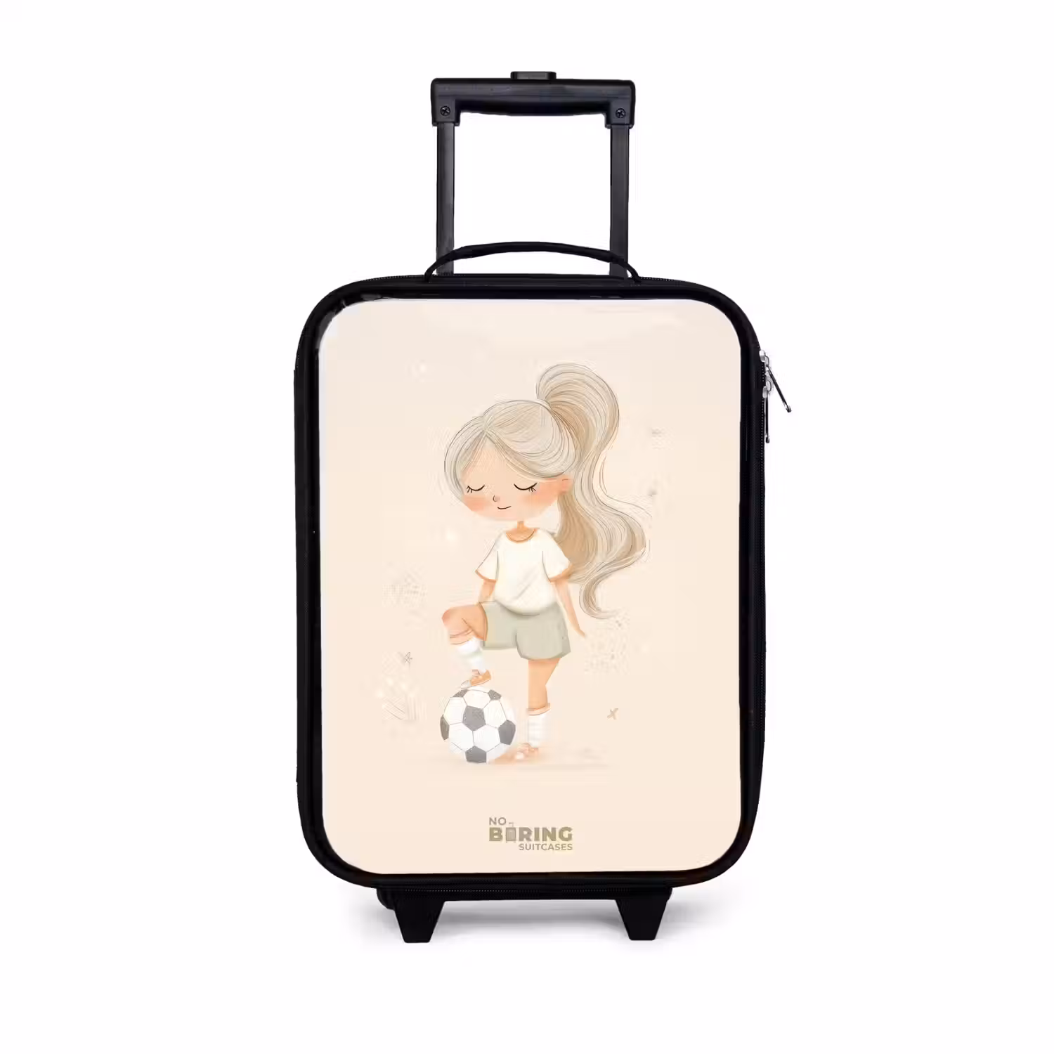 Meisje met een voetbal in beige kleuren Kinderkoffer - Zwart klein -3d