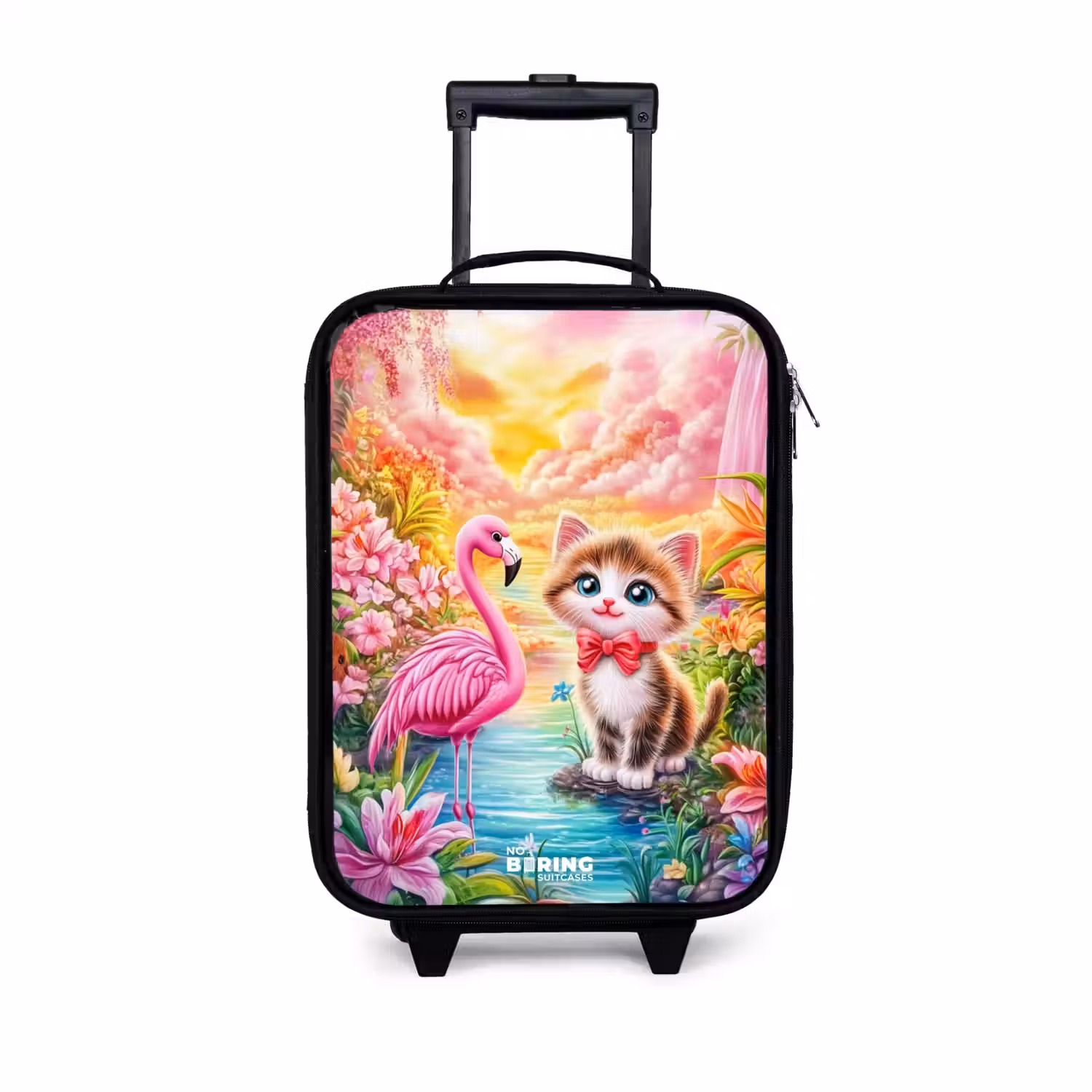 Kitten met flamingo in tropisch bloemenparadijs Kinderkoffer - Zwart klein -3d