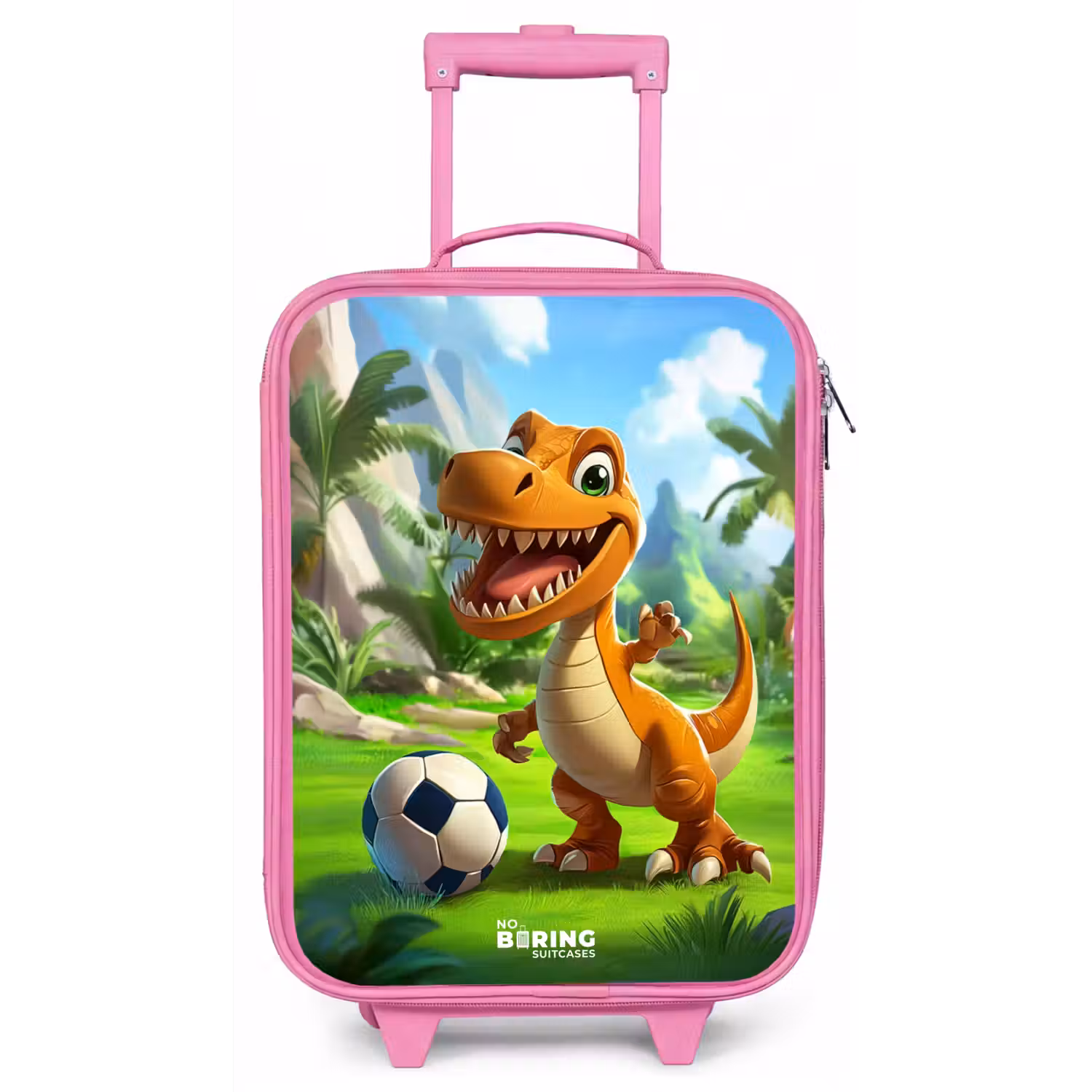 Dino met een voetbal in groen landschap Kinderkoffer - Roze klein -zz3dotto