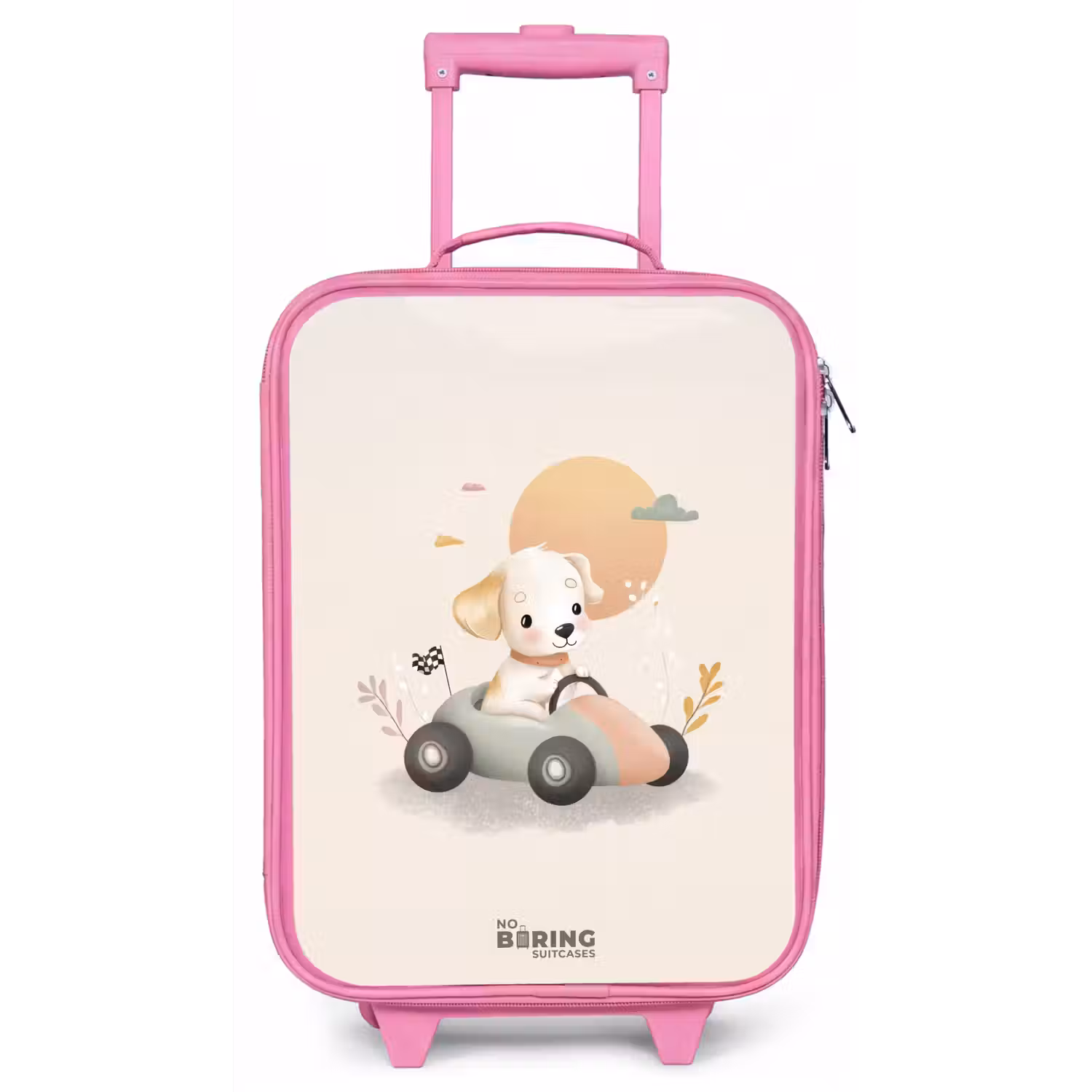 Puppy in een raceauto in beige kleuren Kinderkoffer - Roze klein -zz3dotto