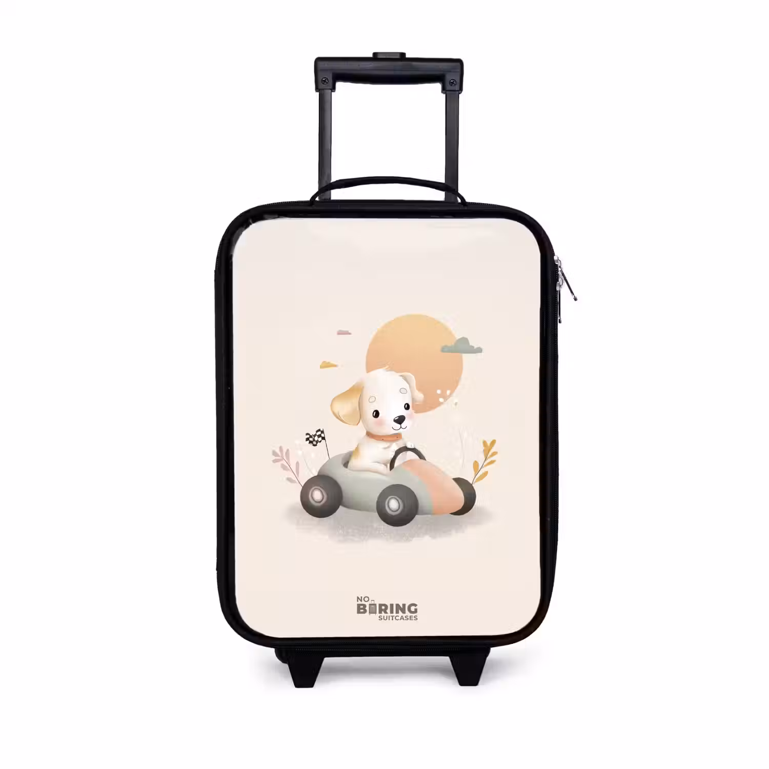 Puppy in een raceauto in beige kleuren Kinderkoffer - Zwart klein -3d