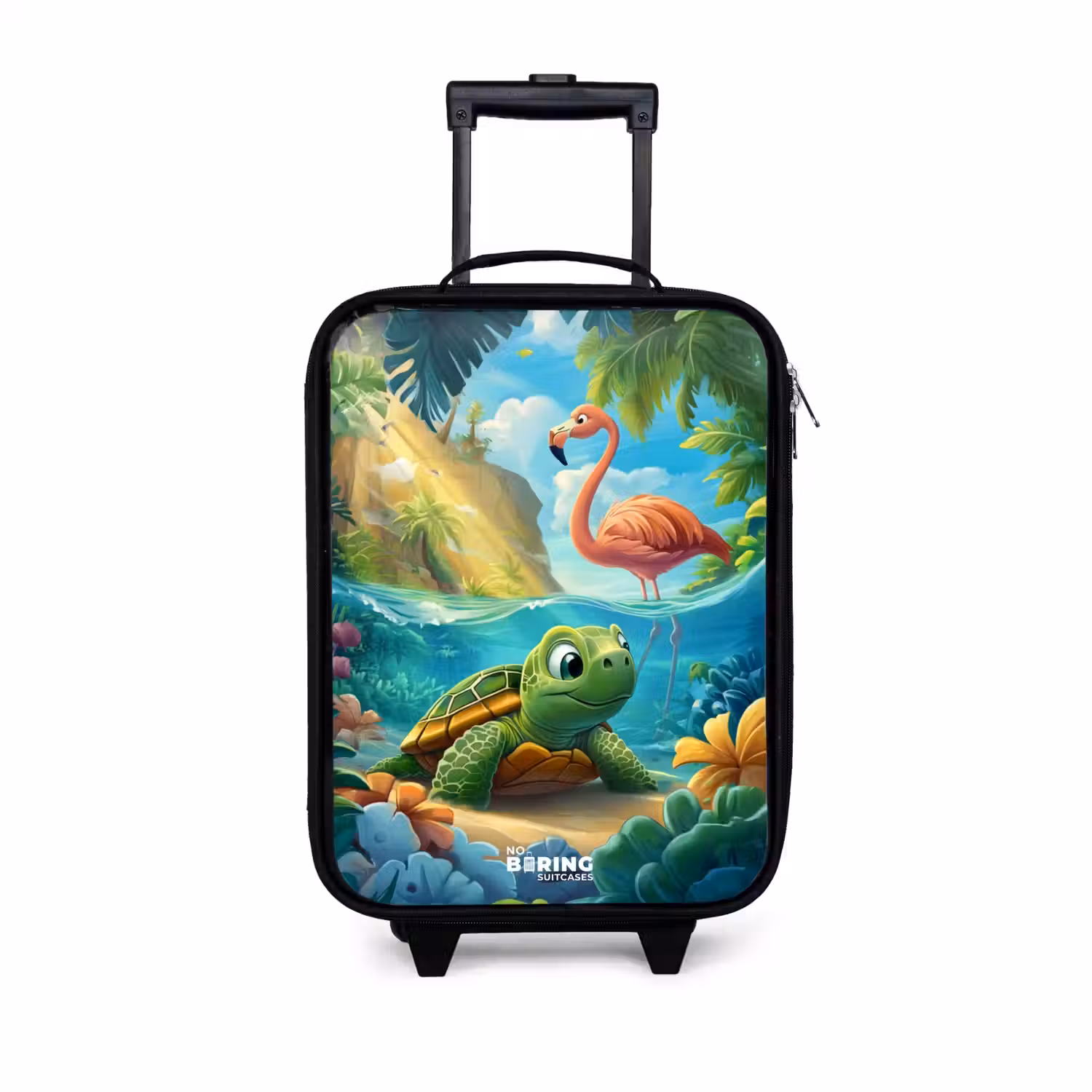 Schildpad in tropisch water met flamingo Kinderkoffer - Zwart klein -3d