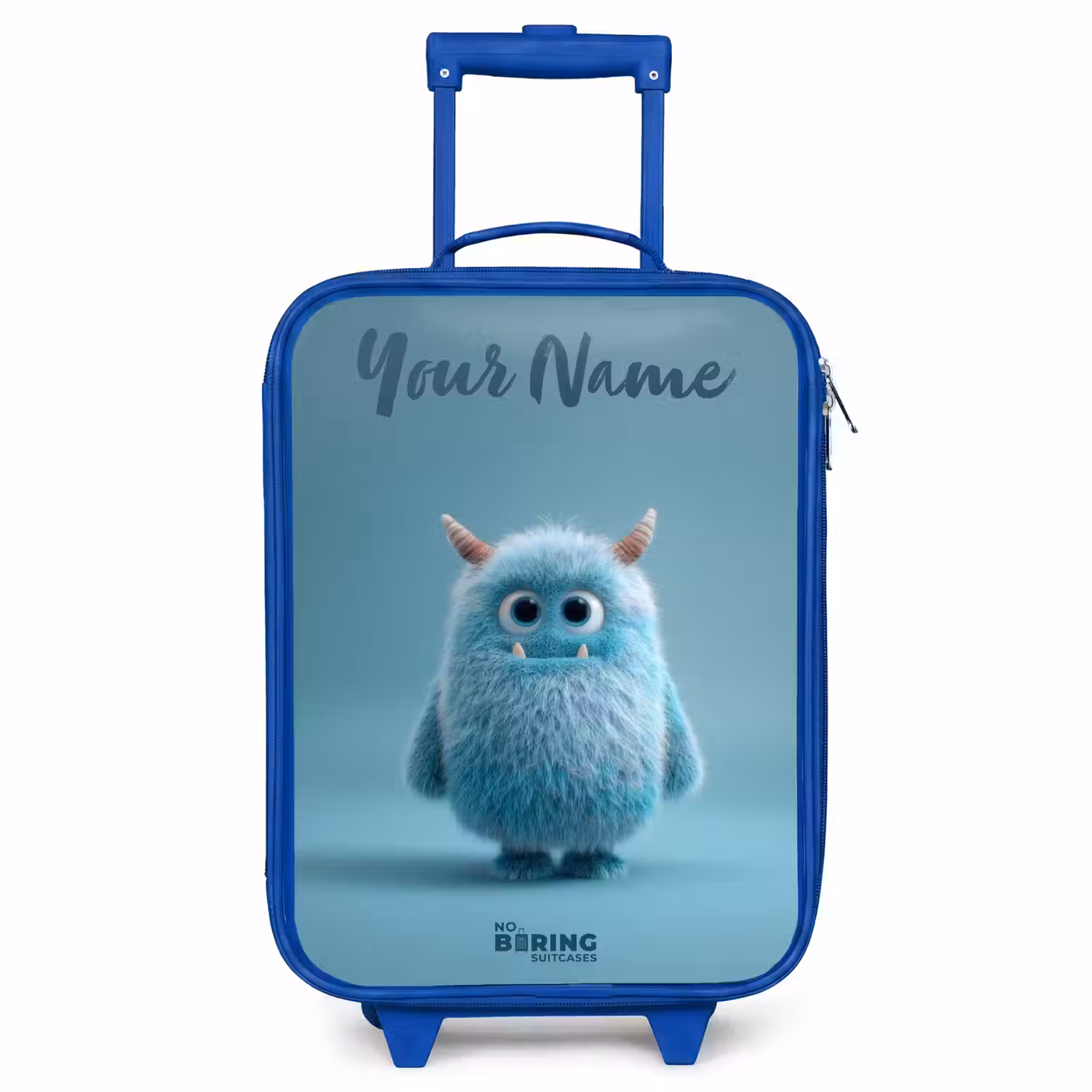 Blauw pluizig monster met hoorns Kinderkoffer - Blauw klein -3d