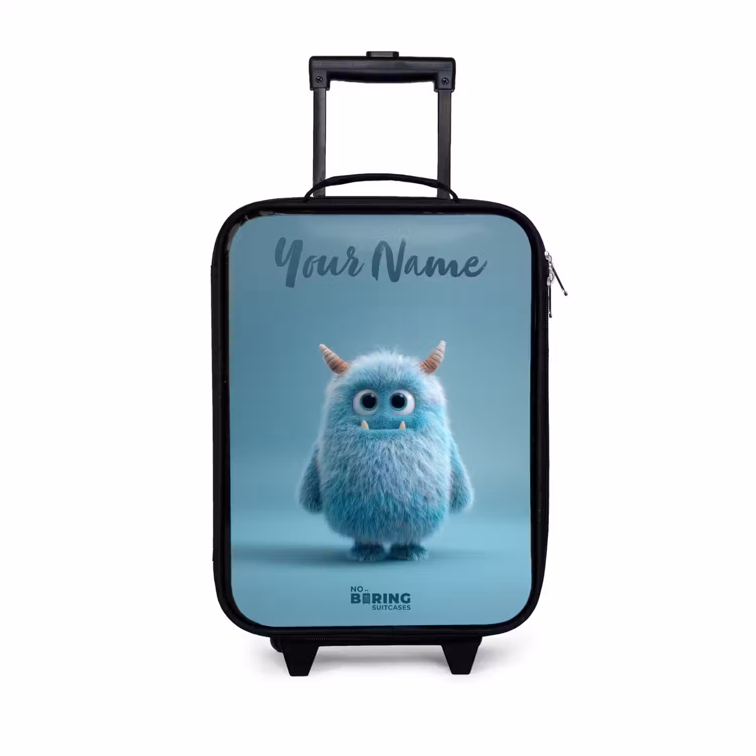 Blauw pluizig monster met hoorns Kinderkoffer - Zwart klein -3d