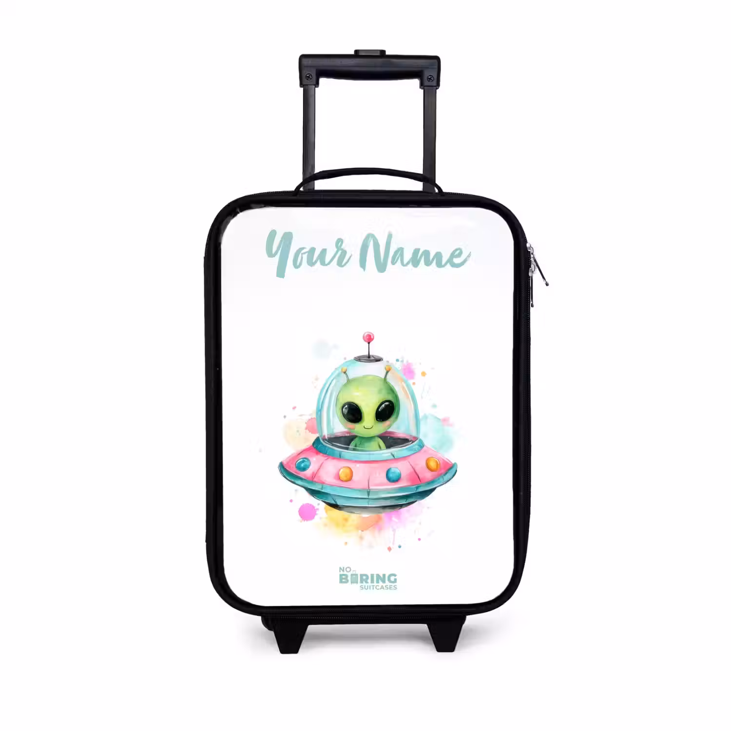 Groene alien in kleurrijke UFO Kinderkoffer - Zwart klein -3d