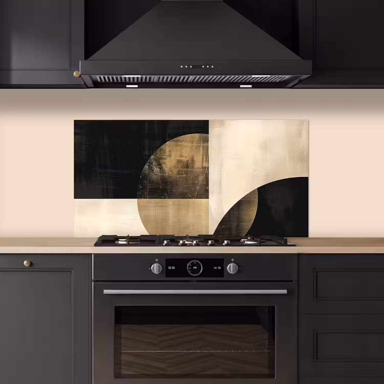 Abstract - Cirkels - Zwart - Goud keuken achterwand spatscherm middel -sfeer1