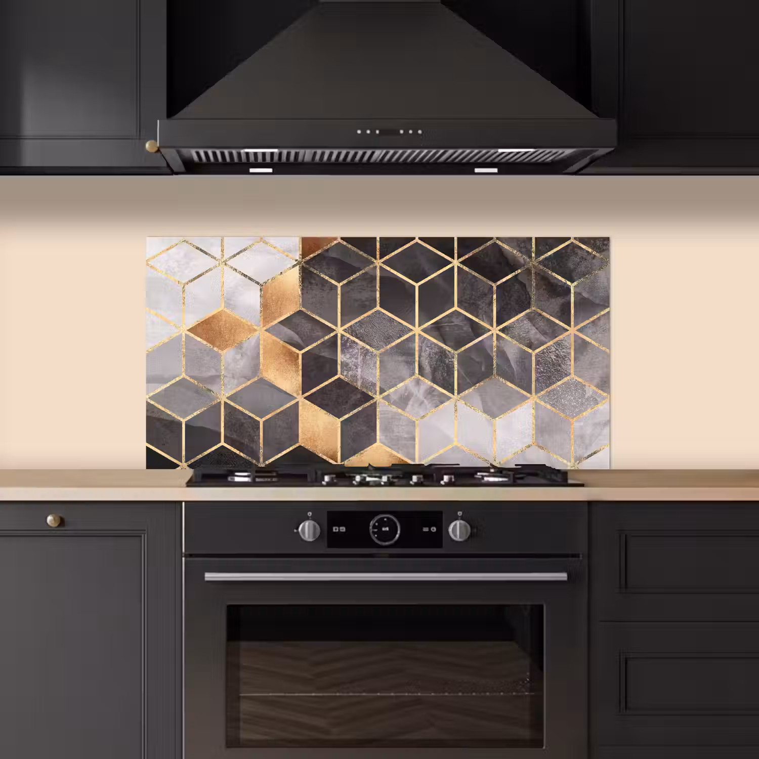 Abstract - Kubus - Goud - Patronen - Zwart - Wit keuken achterwand spatscherm middel -sfeer1