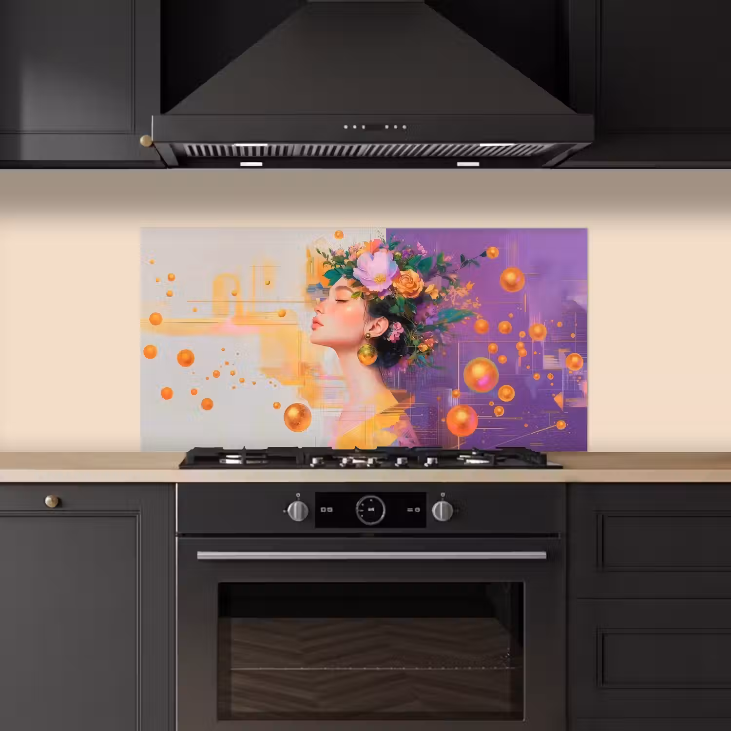 Abstract - Vrouw - Bloemenkroon - Goud keuken achterwand spatscherm middel -sfeer1