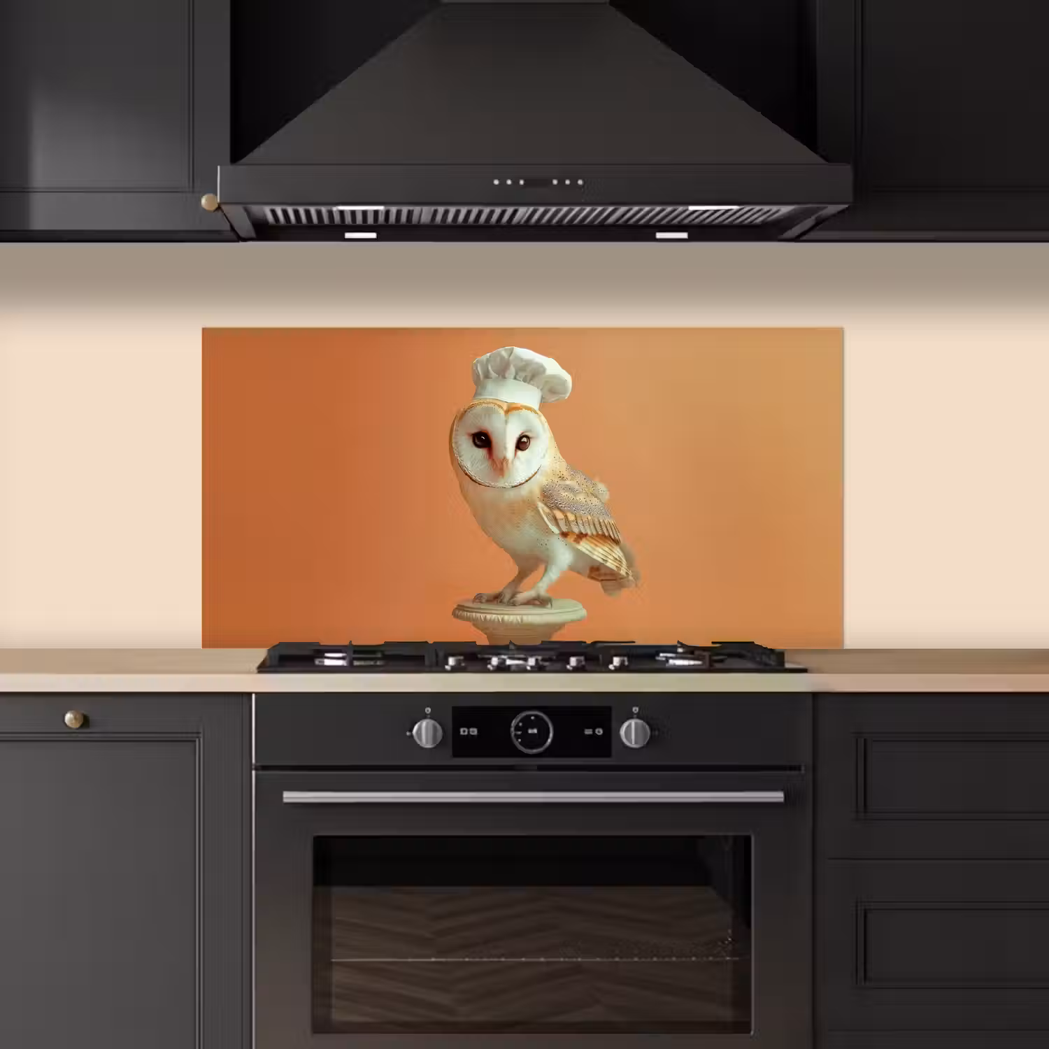 Kerkuil - Koksmuts - Oranje - Vogel keuken achterwand spatscherm middel -sfeer1