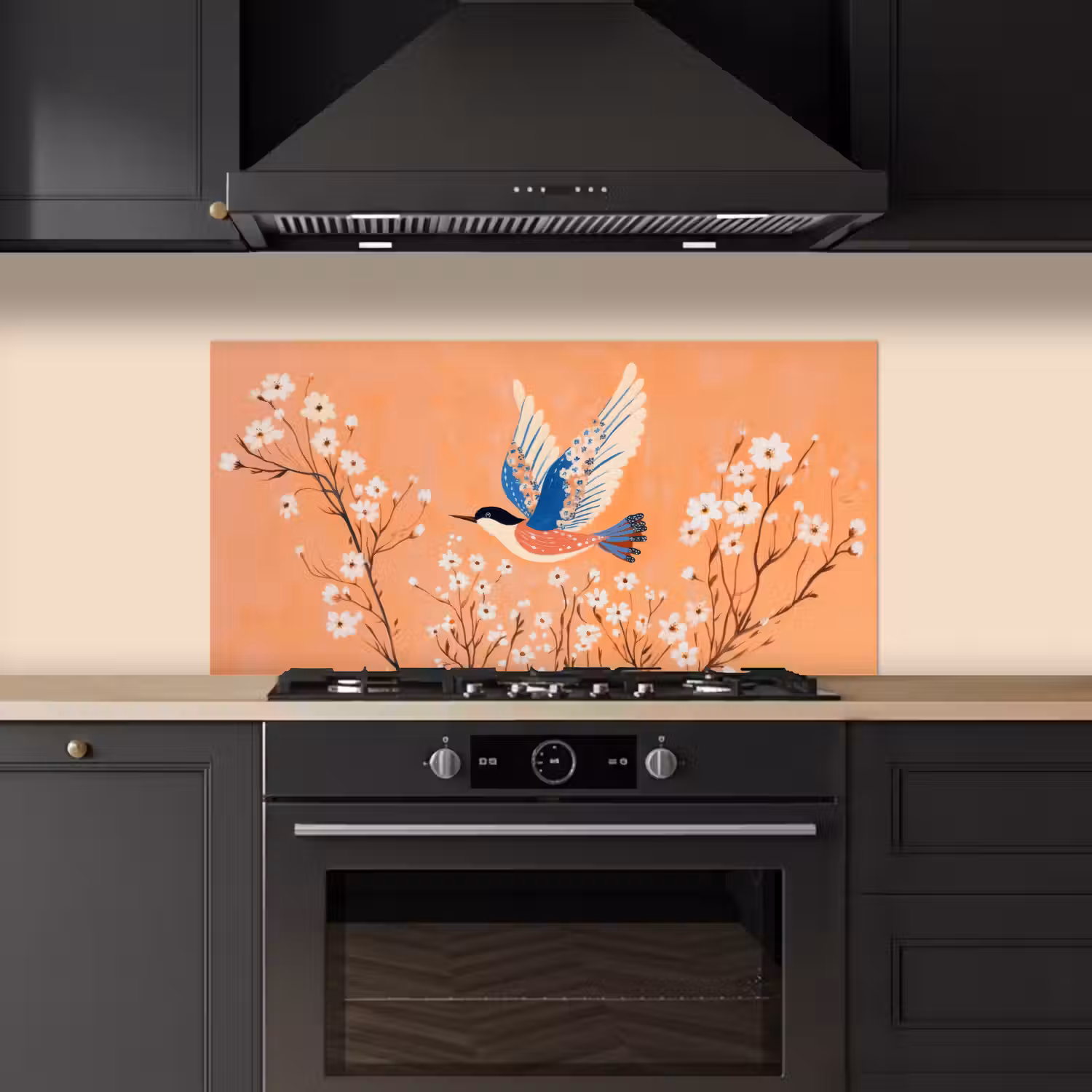 Vogel - Bloesemtakken - Warm - Kleurrijk keuken achterwand spatscherm middel -sfeer1