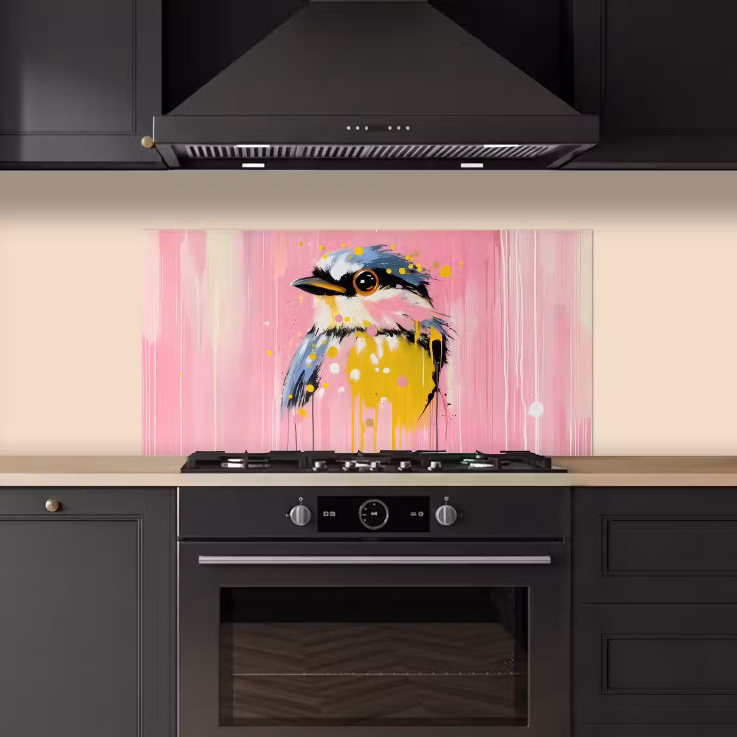Vogel - Roze - Geel - Blauw keuken achterwand spatscherm middel -sfeer1