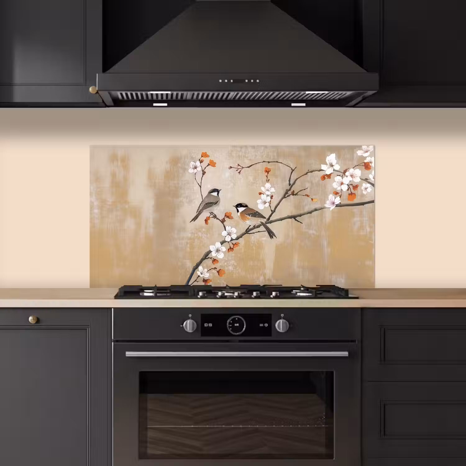Vogels - Bloesemtak - Bloemen - Oranje keuken achterwand spatscherm middel -sfeer1