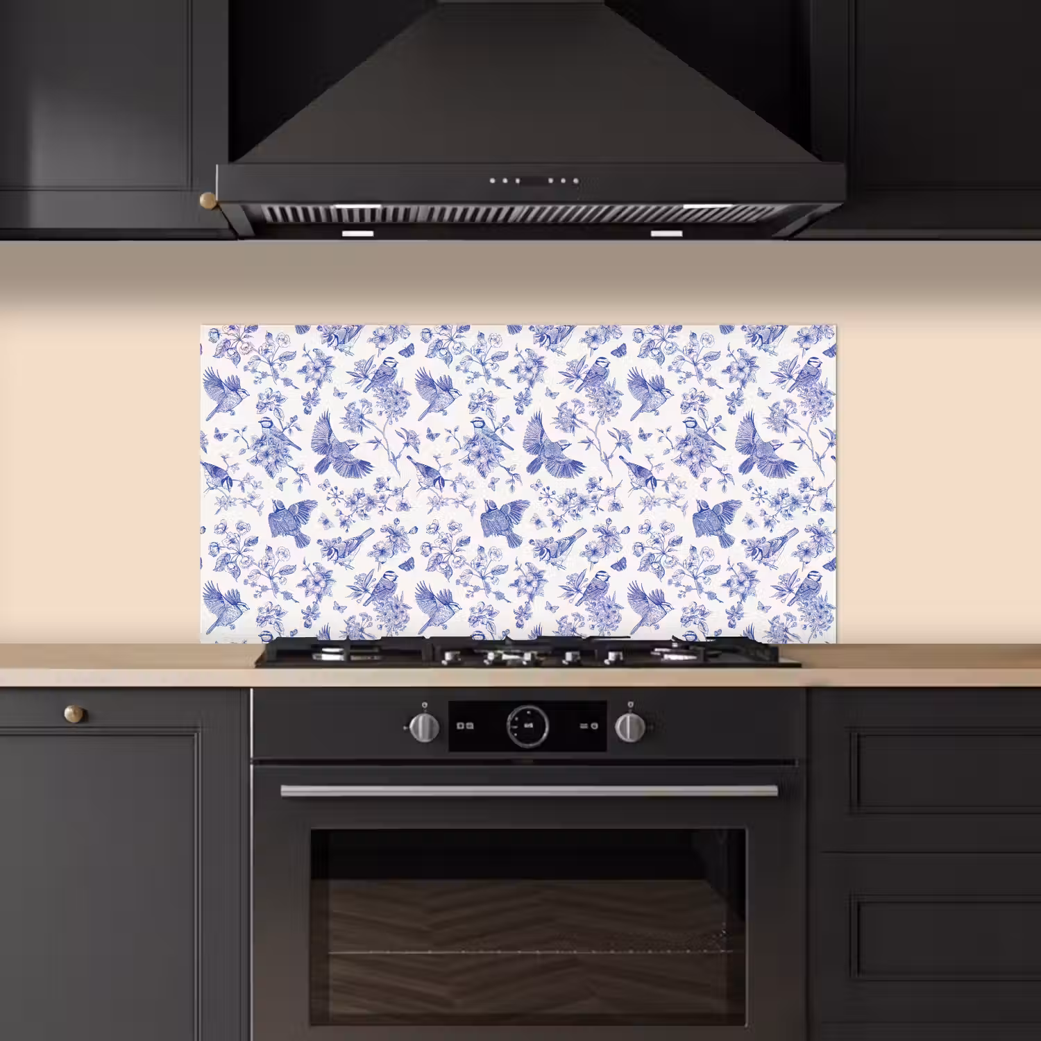 Birds - Flowers - Blue keuken achterwand spatscherm middel 899 -sfeer1