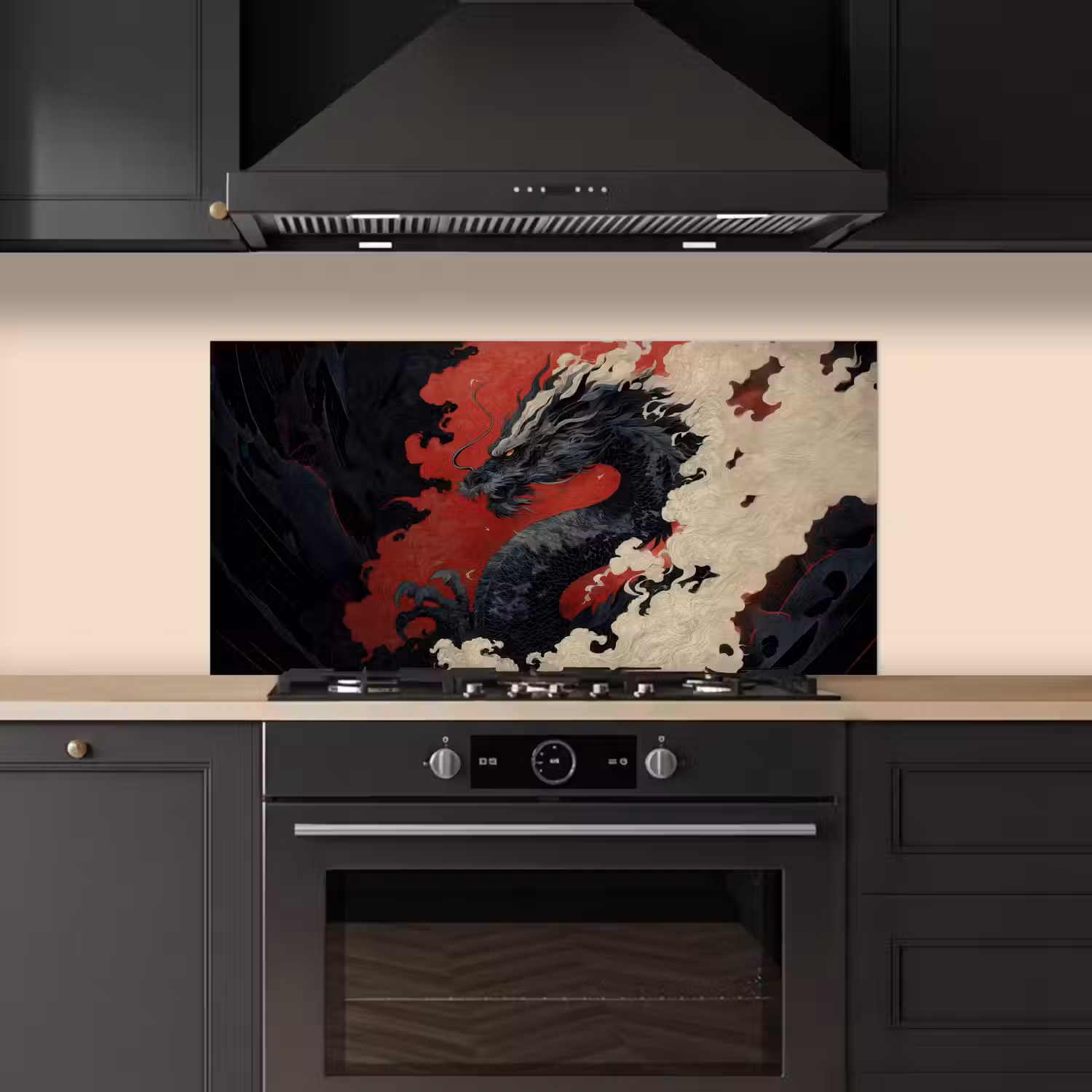 Zwarte draak - Rookwolken - Rood keuken achterwand spatscherm middel -sfeer1