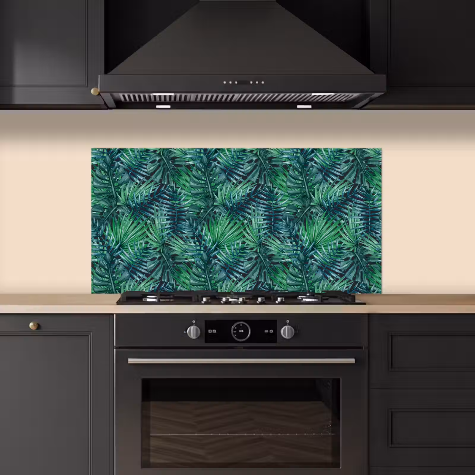 Blauw - Palmbladeren - Afsnijding keuken achterwand spatscherm middel 899 -sfeer1