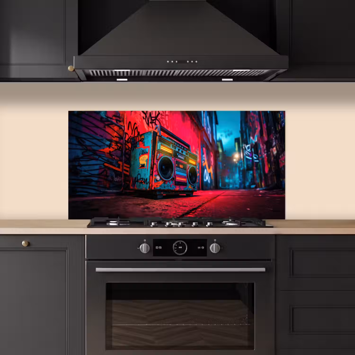 Boombox - Rood - Graffiti - Neon keuken achterwand spatscherm middel -sfeer1