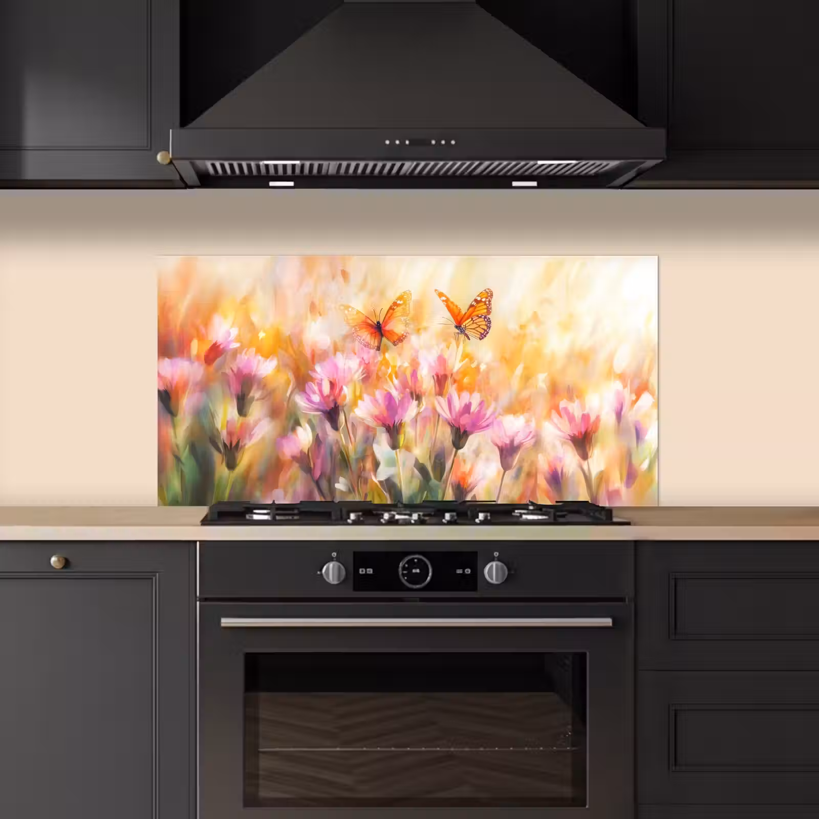 Vlinders - Oranje - Bloemen keuken achterwand spatscherm middel -sfeer1