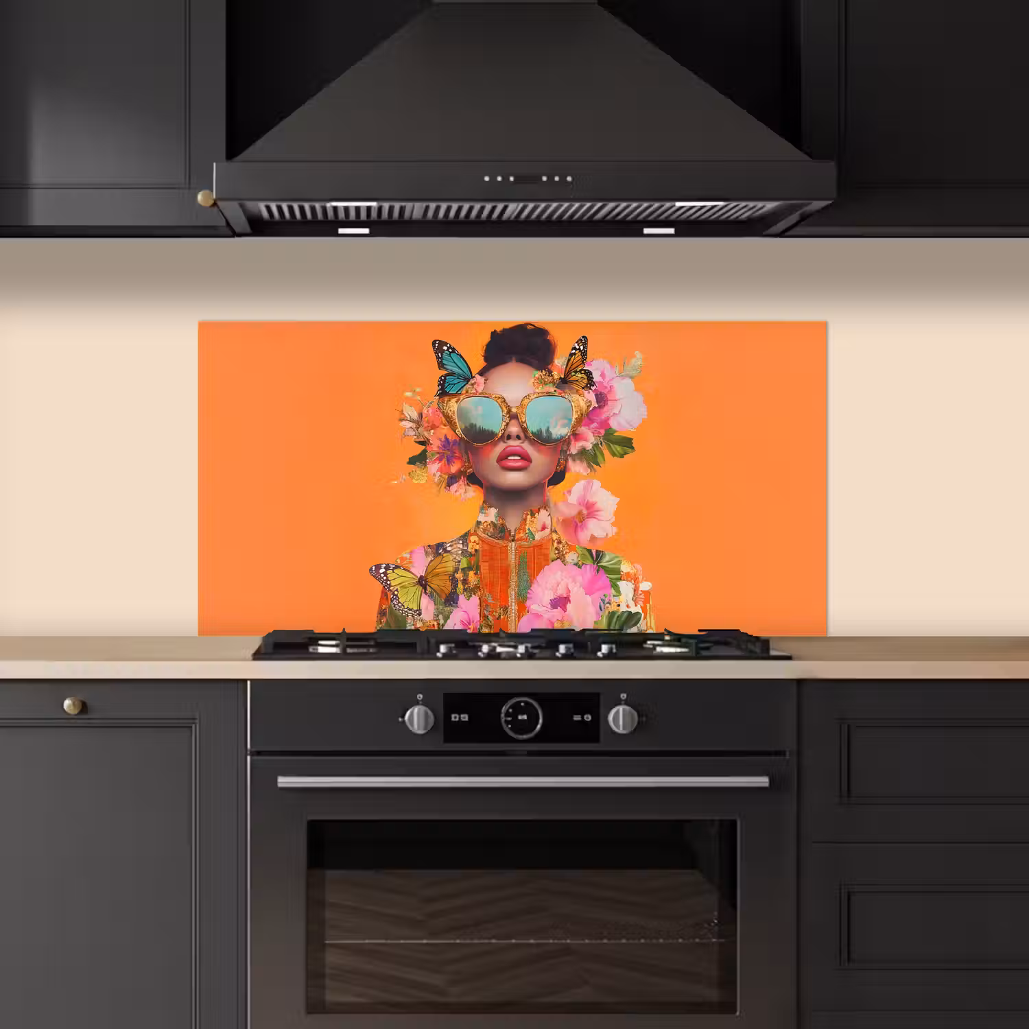 Vlinders - Vrouw - Zonnebril - Kleurrijk keuken achterwand spatscherm middel -sfeer1