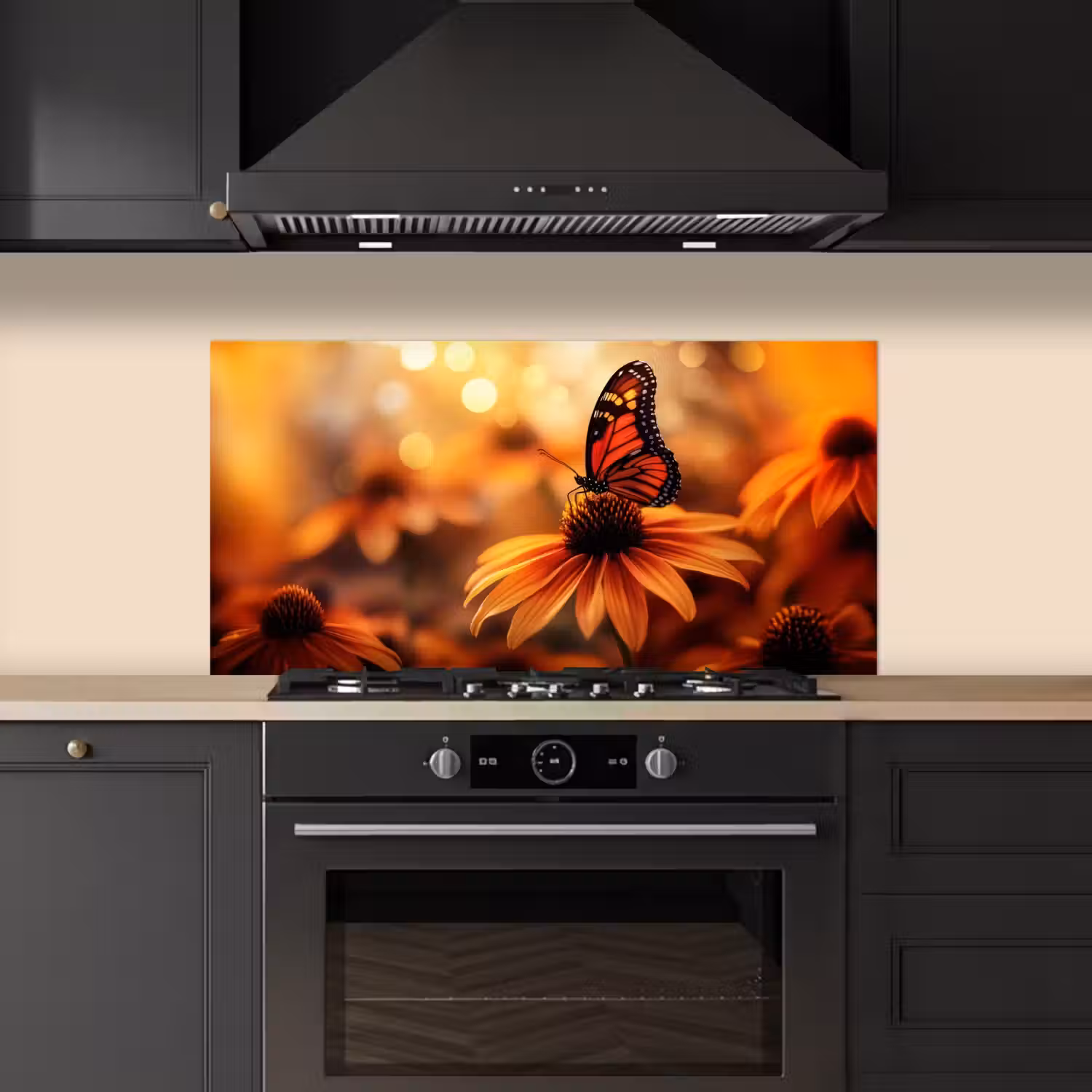 Vlinder - Bloemen - Oranje keuken achterwand spatscherm middel -sfeer1