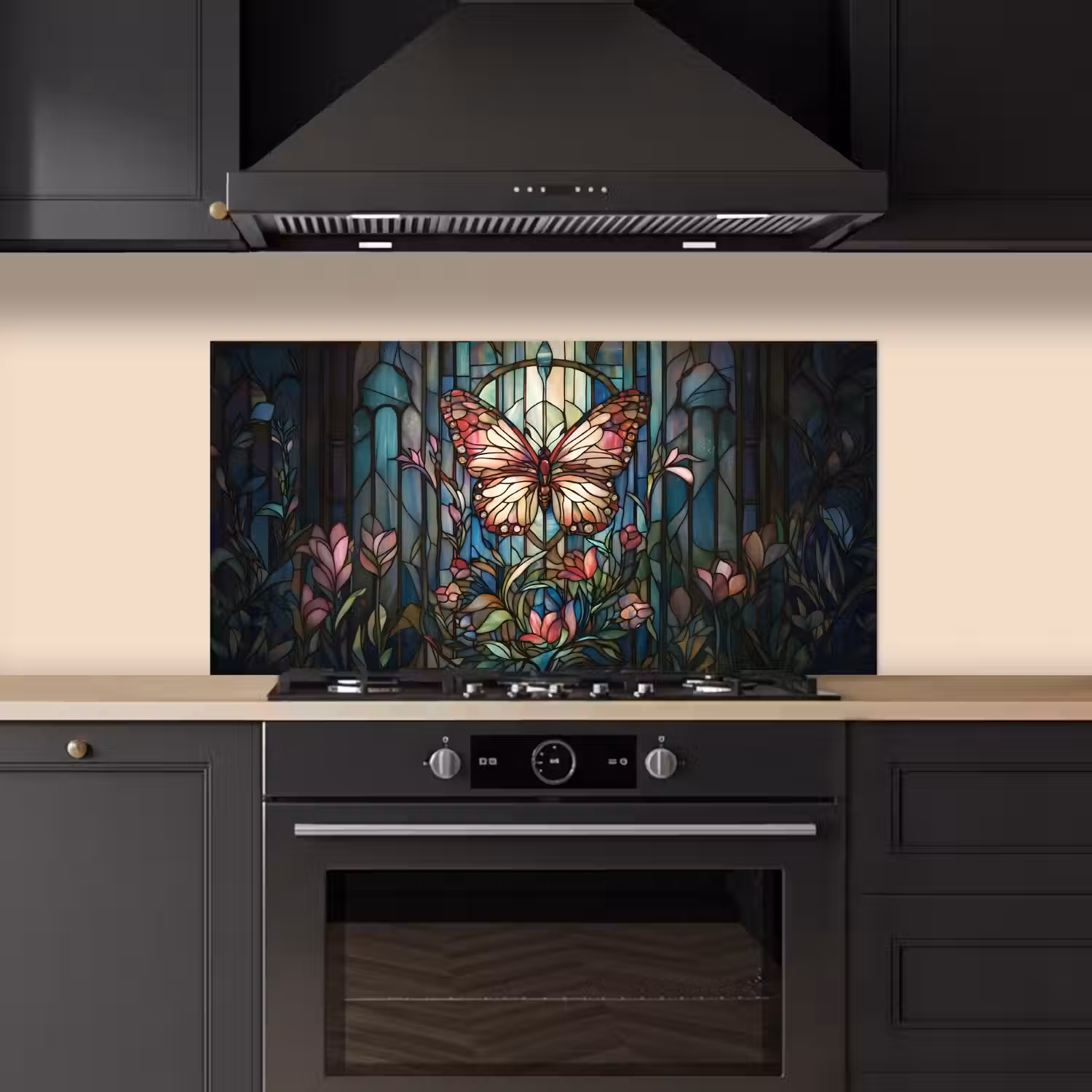 Vlinder - Roze - Bloemen - Bladeren keuken achterwand spatscherm middel -sfeer1