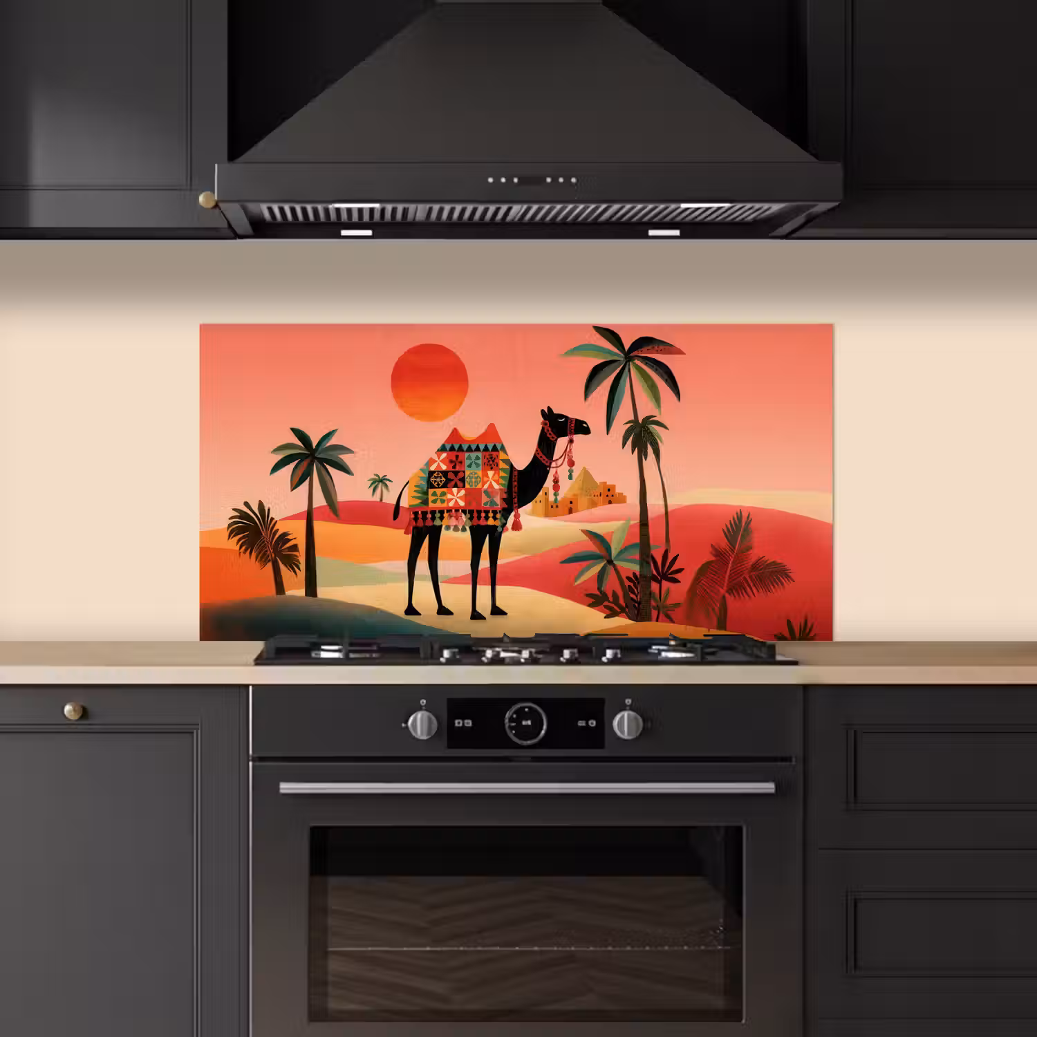 Kameel - Gekleurd tapijt - Duinen - Rode zon keuken achterwand spatscherm middel -sfeer1