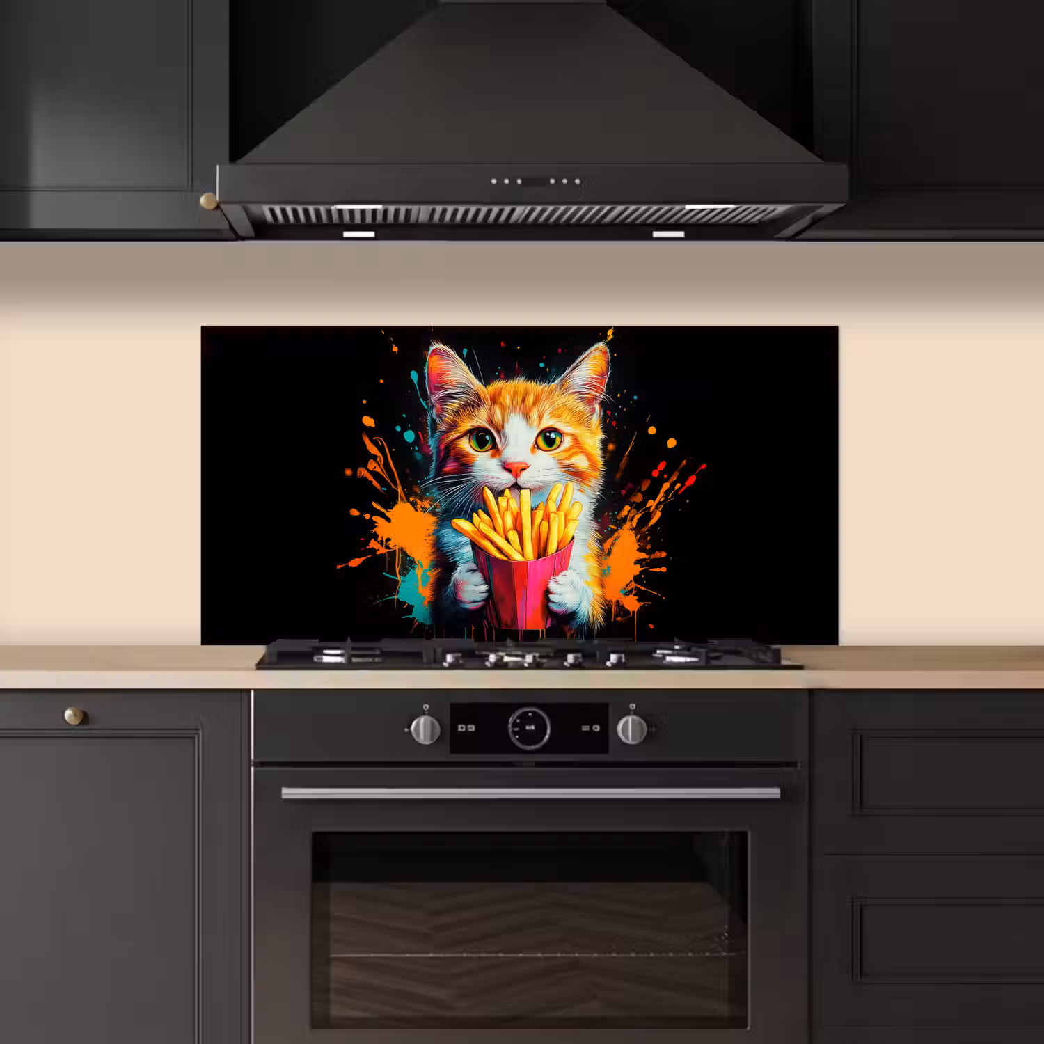 Kat - Eten - Patat - Graffiti - Abstract keuken achterwand spatscherm middel -sfeer1
