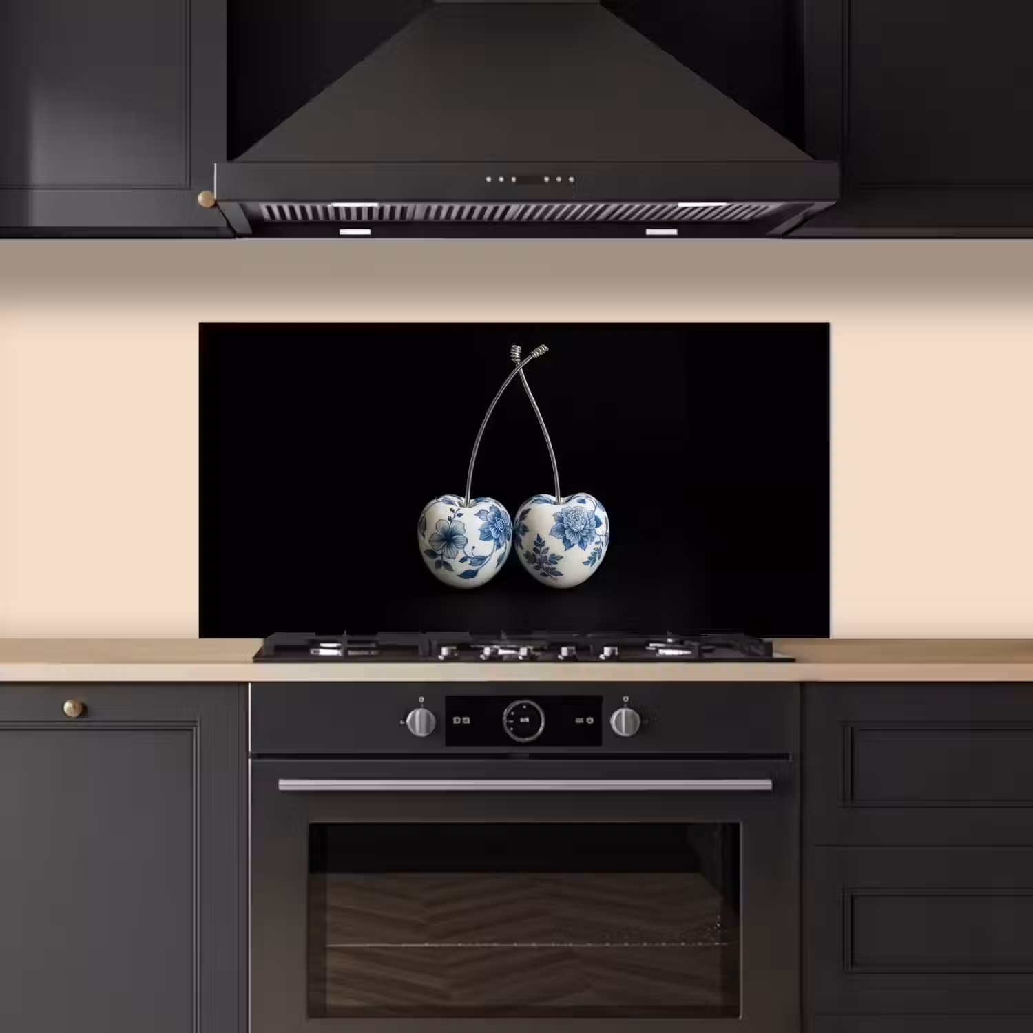 Kersen - Delfts blauw - Fruit keuken achterwand spatscherm middel -sfeer1