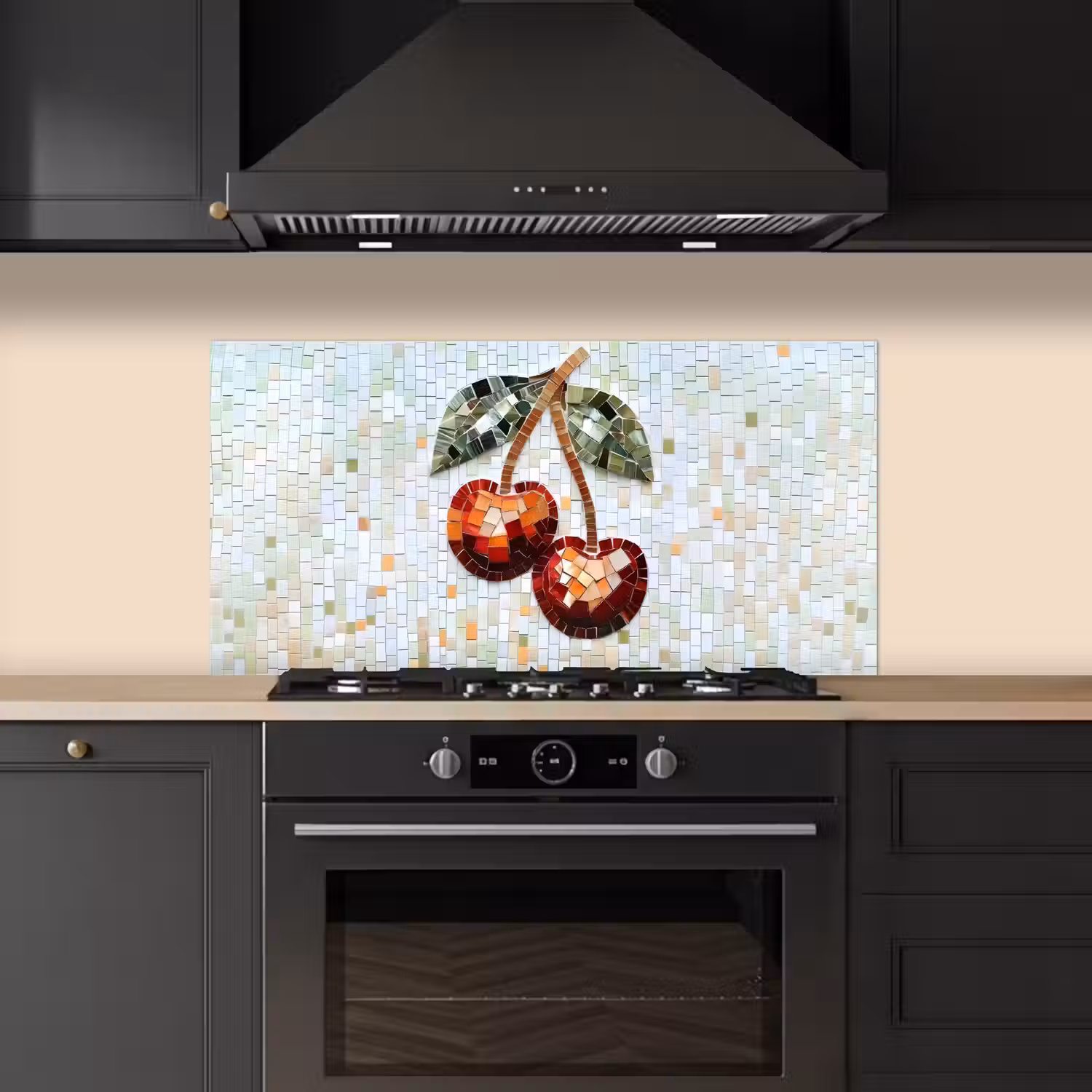 Kersen - Rood - Mozaïek - Blaadjes keuken achterwand spatscherm middel -sfeer1