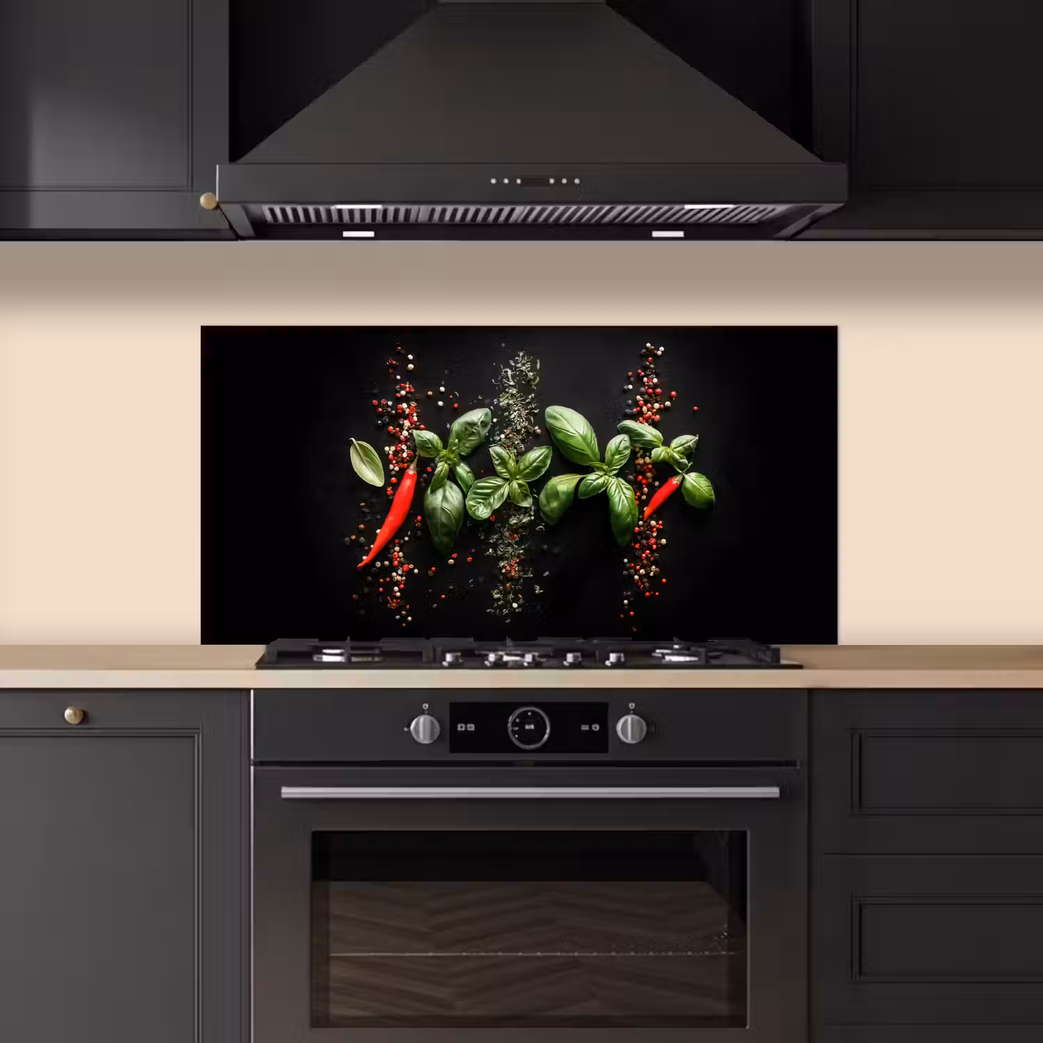 Chilipepers - Basilicum - Blaadjes - Rood keuken achterwand spatscherm middel -sfeer1