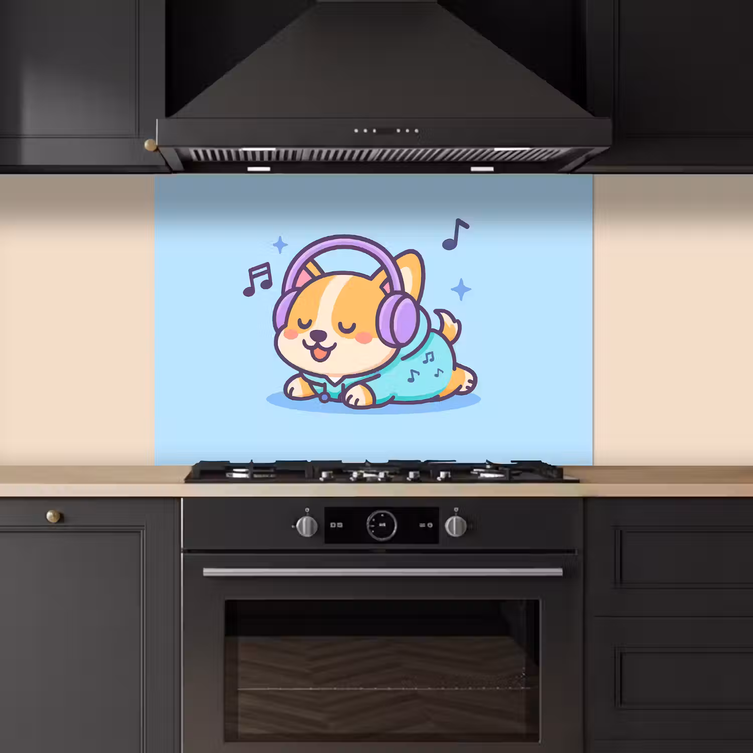 Corgi - Koptelefoon - Blauw - Muzieknoten keuken achterwand spatscherm middel -sfeer1