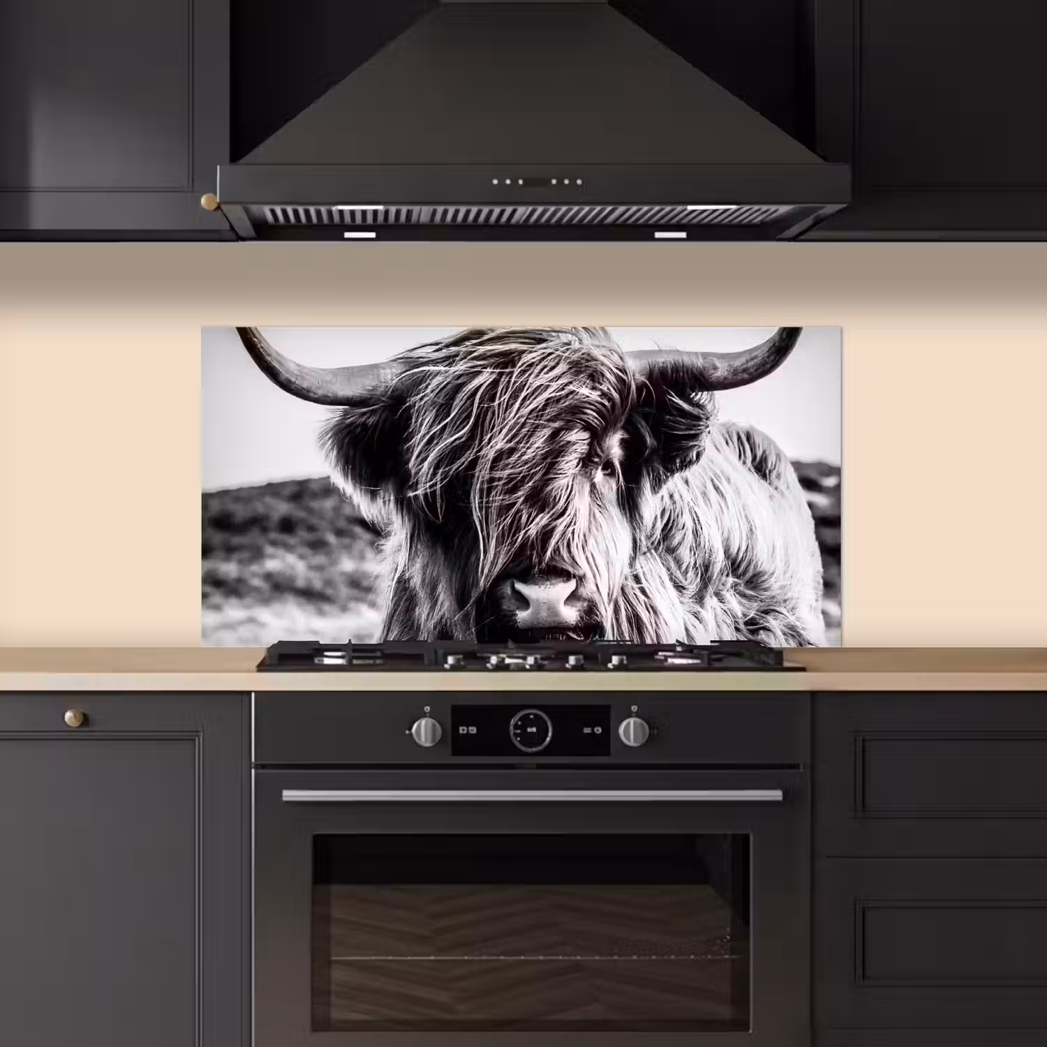 Koe - Schotse hooglander - Zwart - Wit - Dier - Natuur - Wild keuken achterwand spatscherm middel -sfeer1