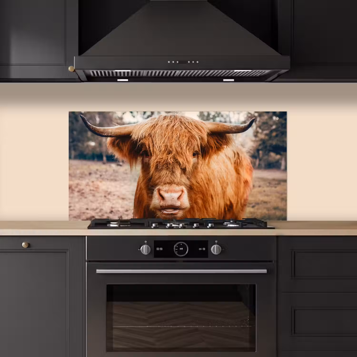 Koe- Schotse hooglander - Hoorns - Bruin - Landschap keuken achterwand spatscherm middel -sfeer1