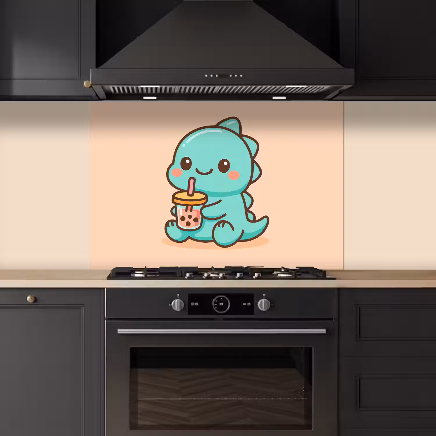 Dino - Boba - kawaii - Oranje keuken achterwand spatscherm middel -sfeer1