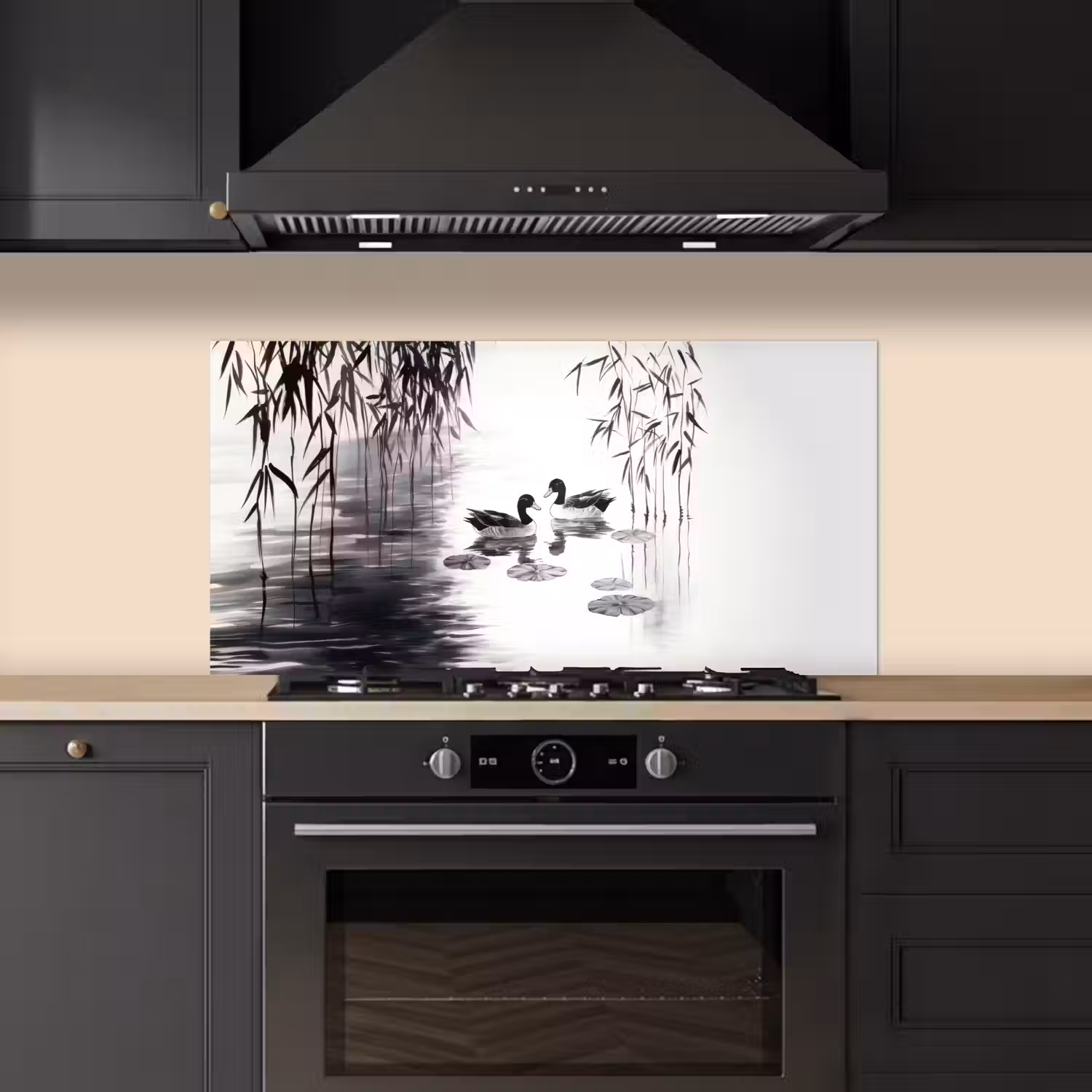 Eenden - Waterlelies - Riet - Zwart keuken achterwand spatscherm middel -sfeer1