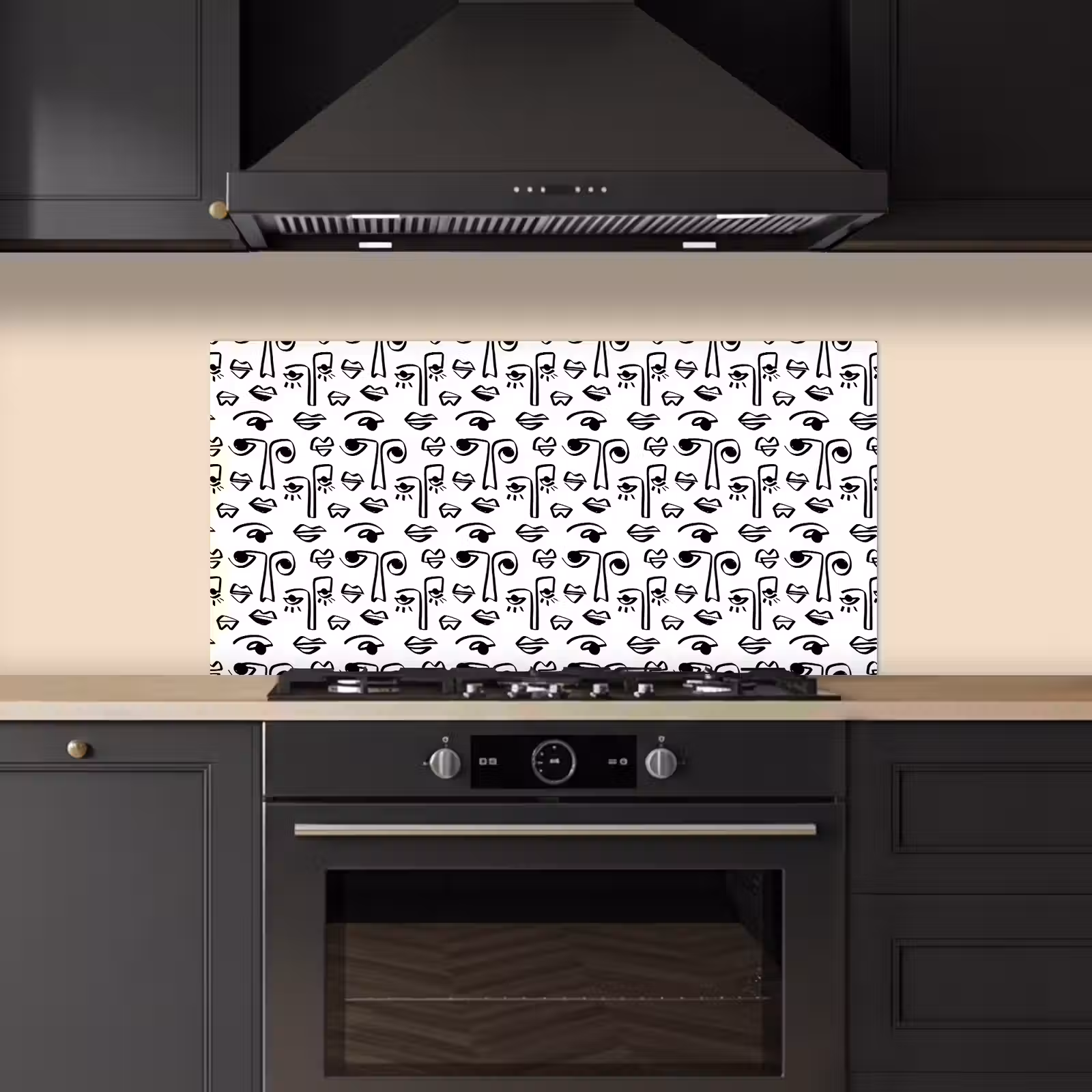 Gezicht - Zwart - Lijnen - Artistiek keuken achterwand spatscherm middel 899 -sfeer1