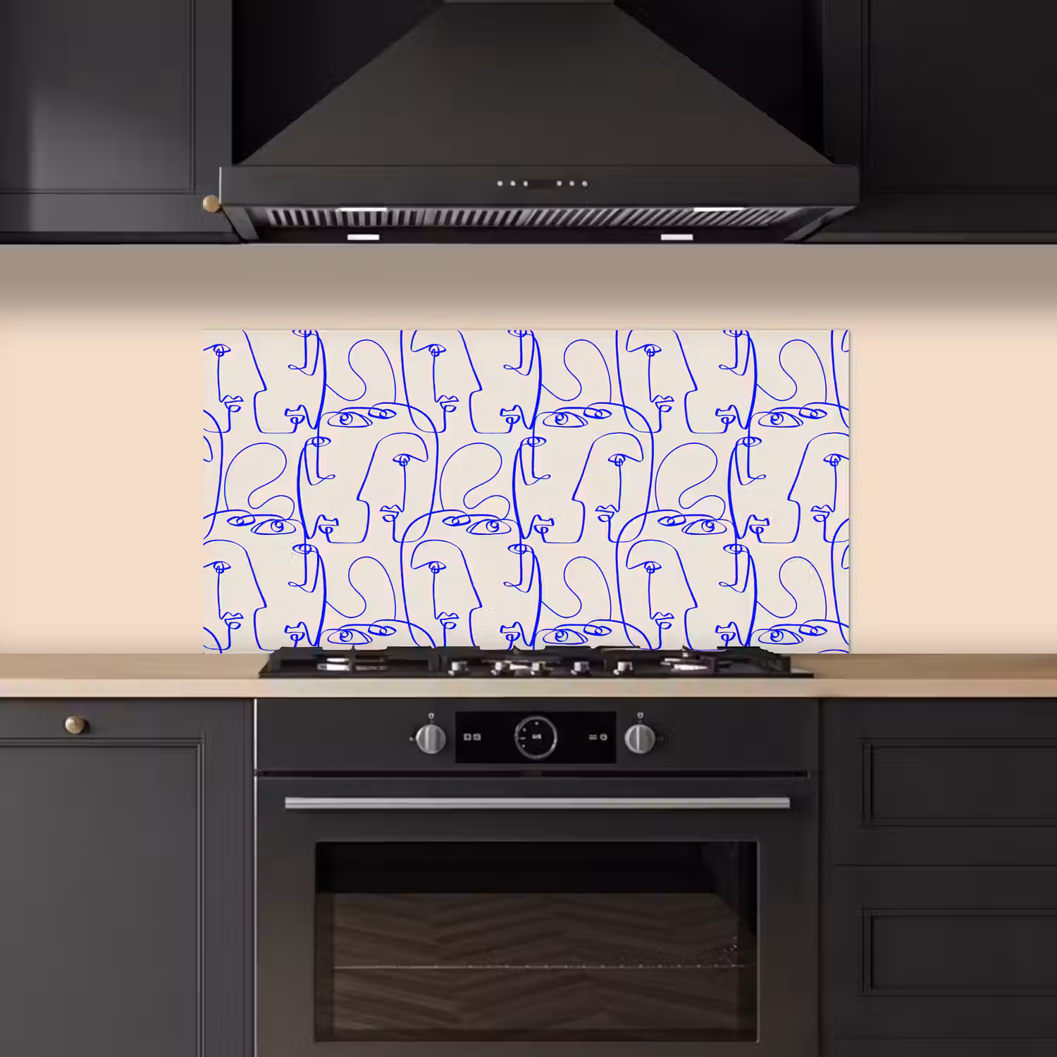 Gezicht - Blauw - Lijnen - Beige keuken achterwand spatscherm middel 899 -sfeer1