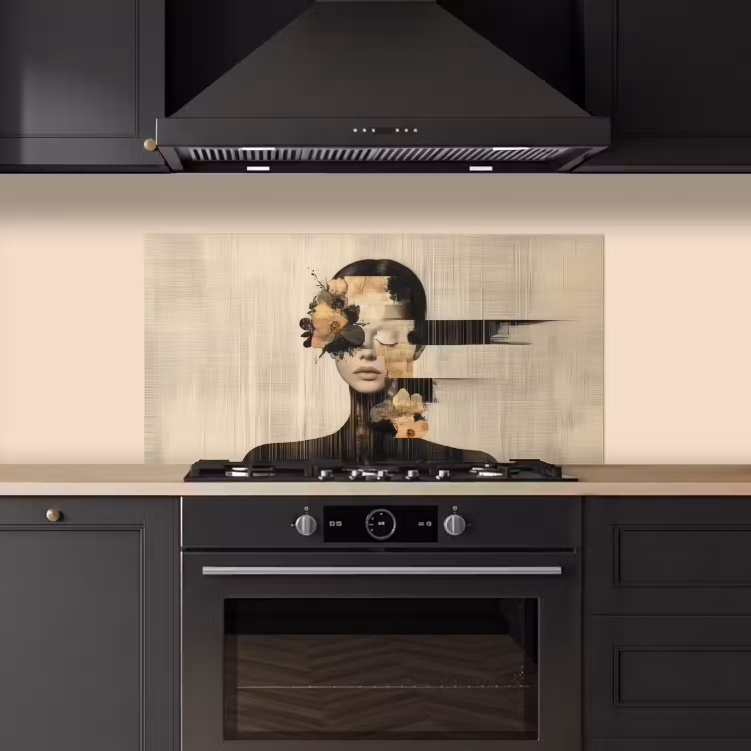 Gezicht - Bloemen - Zwart - Vrouw keuken achterwand spatscherm middel -sfeer1