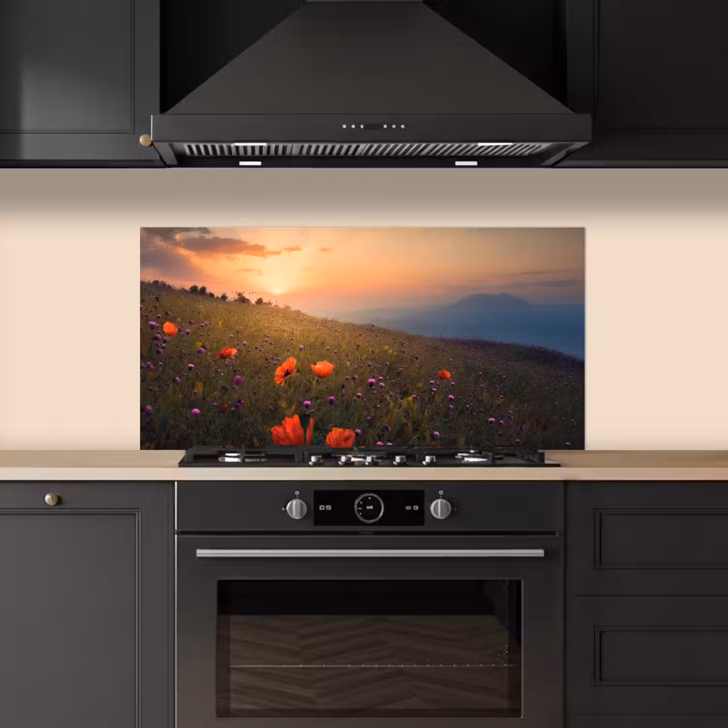 Bloemenveld - Gras - Bloemen - Planten - Zonsondergang - Oranje keuken achterwand spatscherm middel -sfeer1